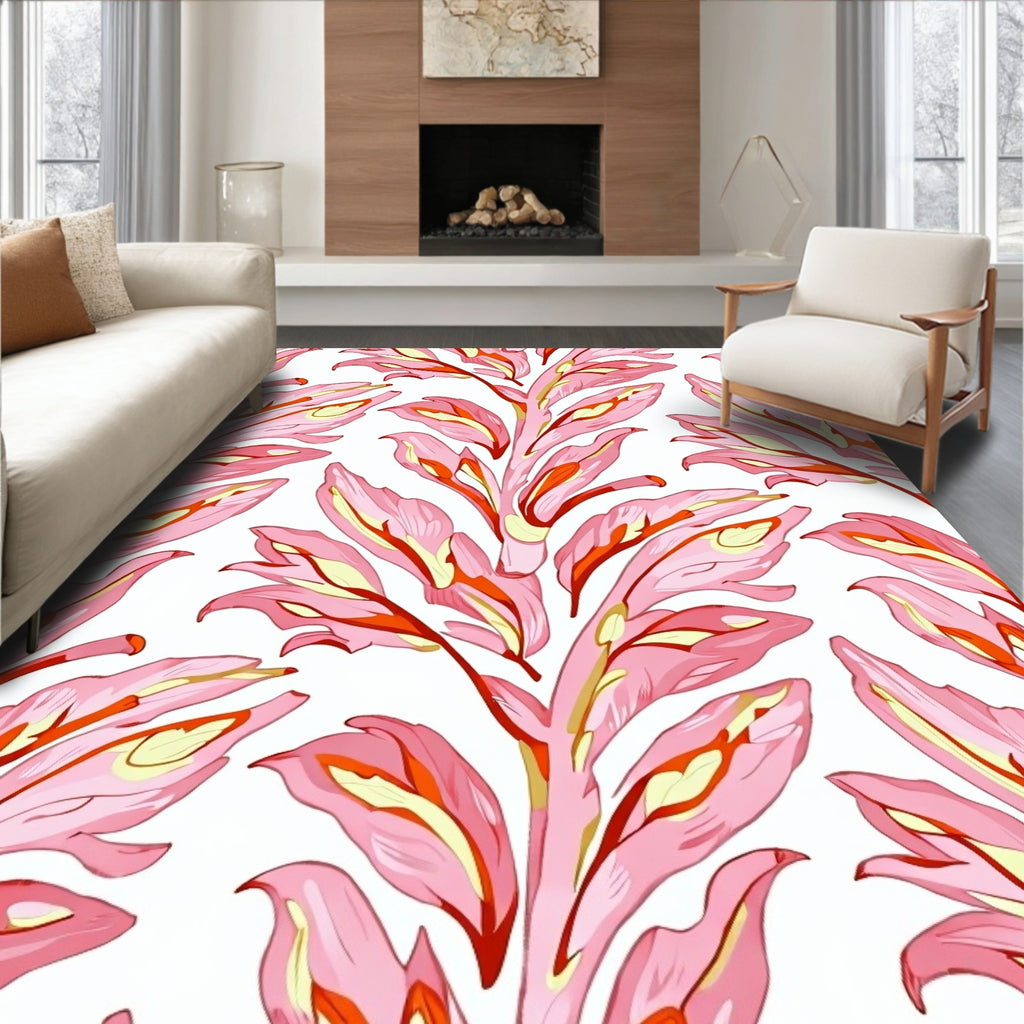 Coral Pink Leafy Branch Pattern Rug