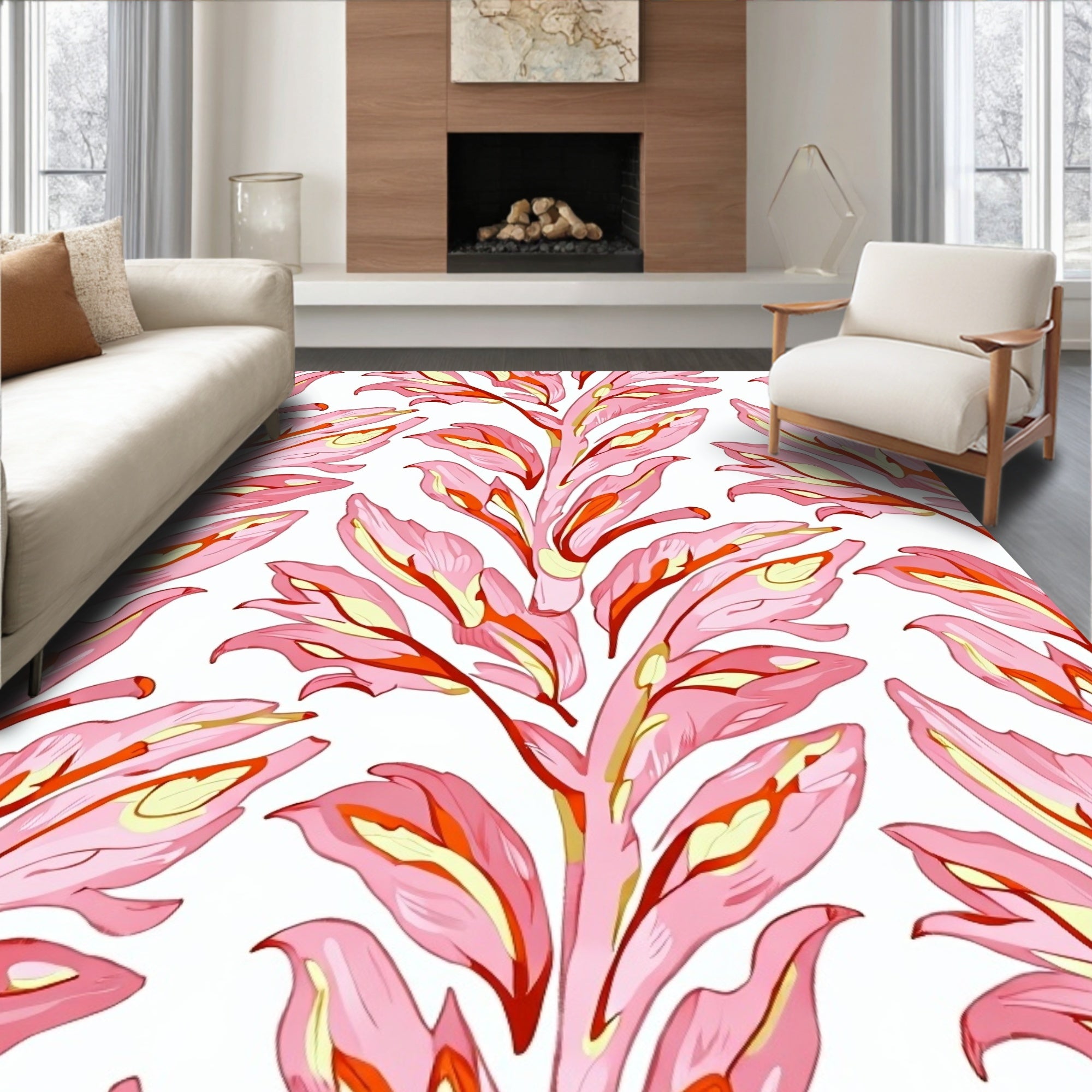 Coral Pink Leafy Branch Pattern Rug