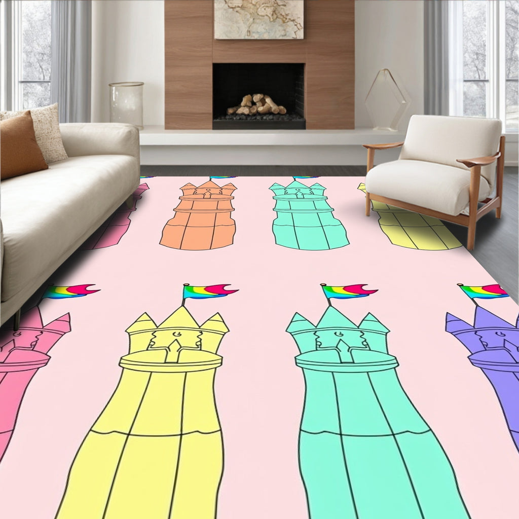 Pastel Castle Towers Rainbow Pattern Rug