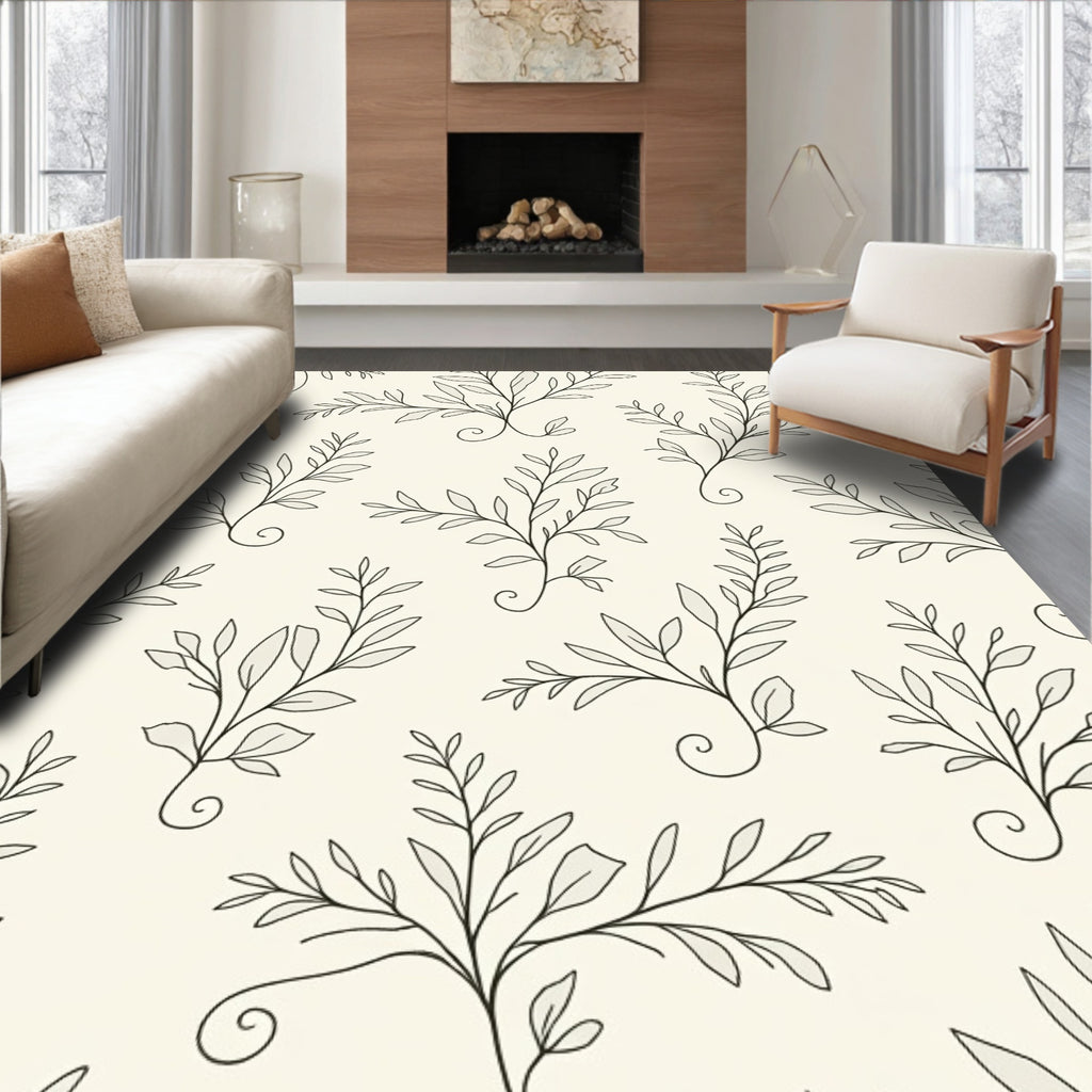 Botanical Outline Patterned Cream Rug