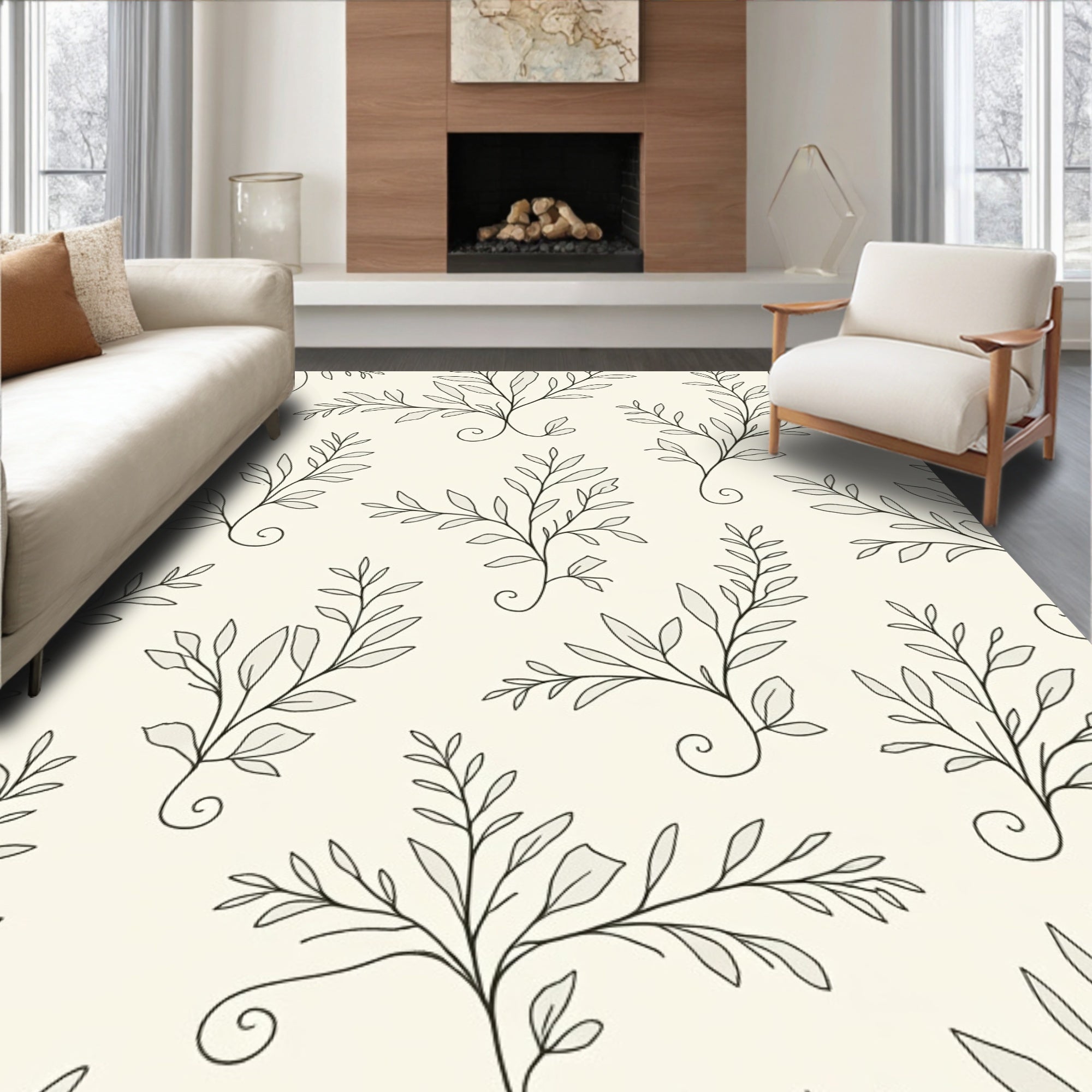 Botanical Outline Patterned Cream Rug