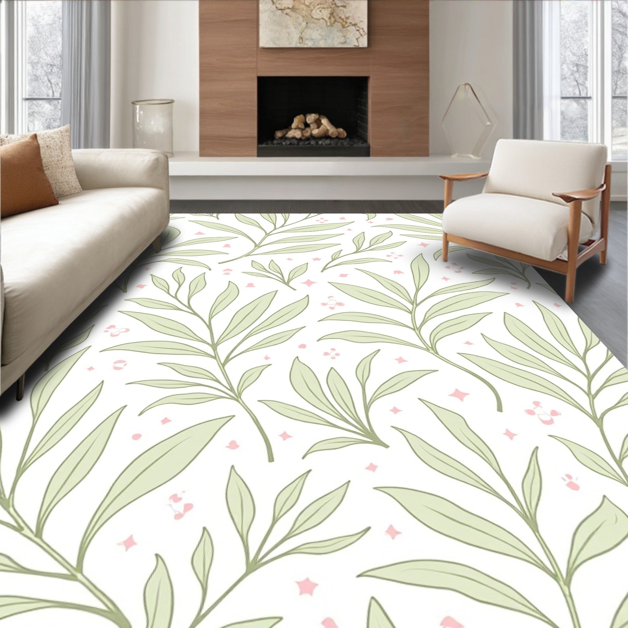 Delicate Leaf Pattern with Pink Accents Rug