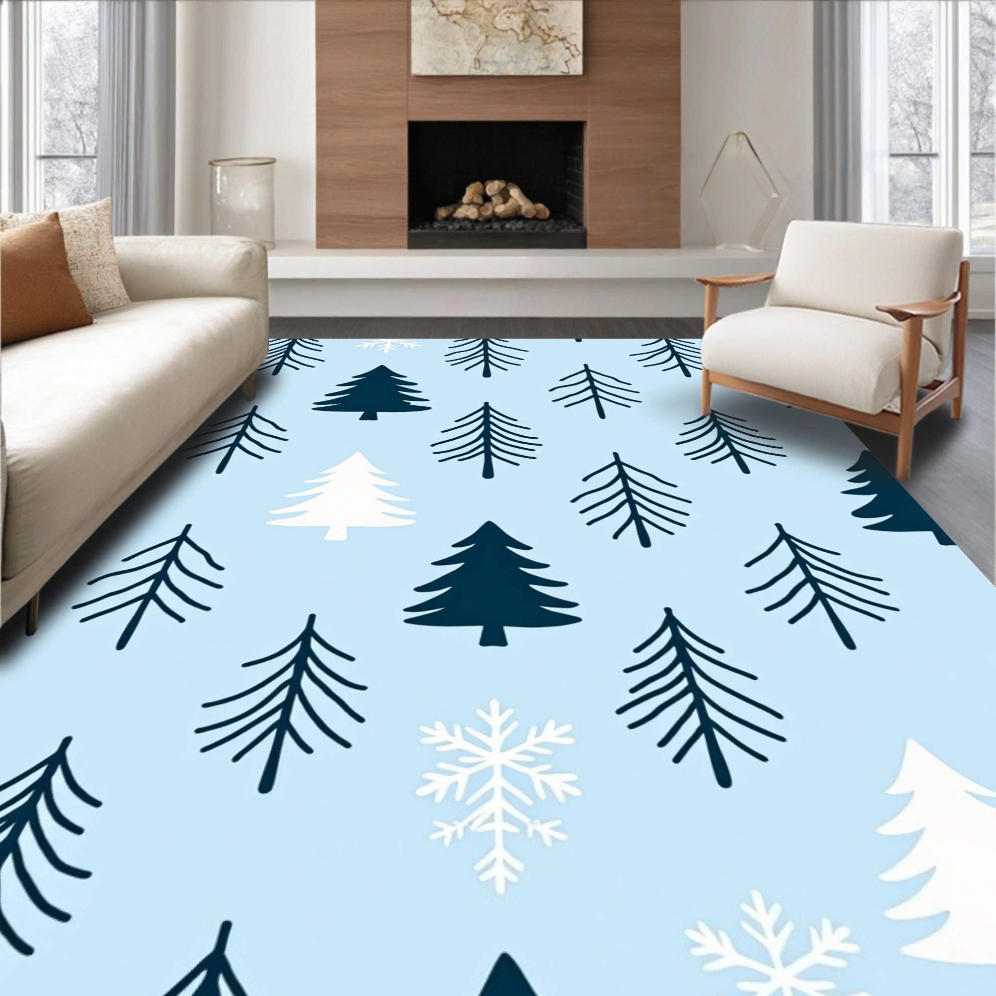 Winter Forest Pattern with Snowflakes Rug