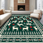 Green Red Cream Deer Folk Art Rug