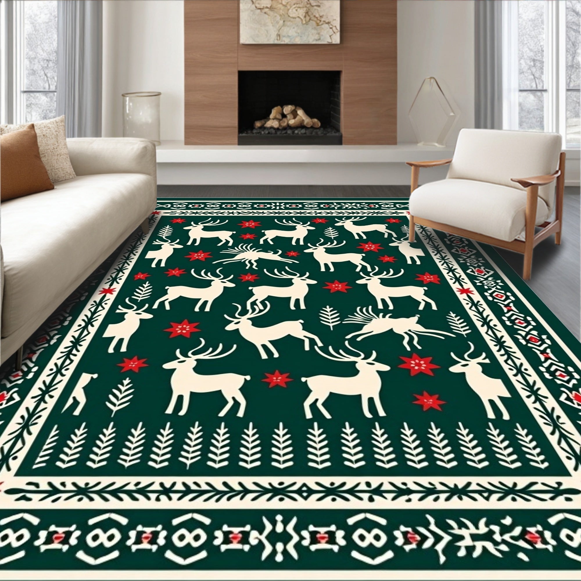 Green Red Cream Deer Folk Art Rug
