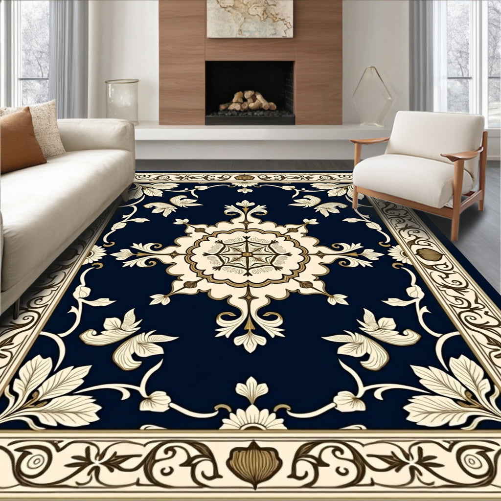 Ornate Cream and Navy Floral Rug