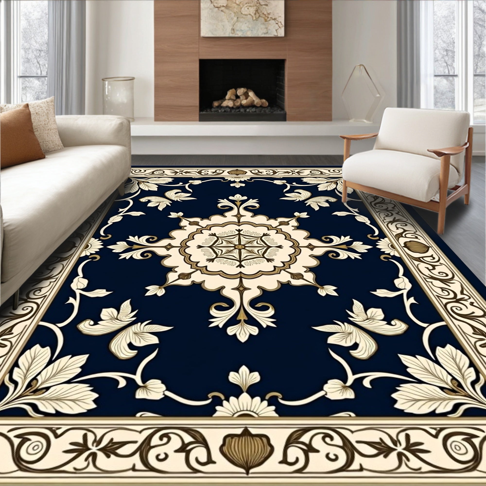 Ornate Cream and Navy Floral Rug