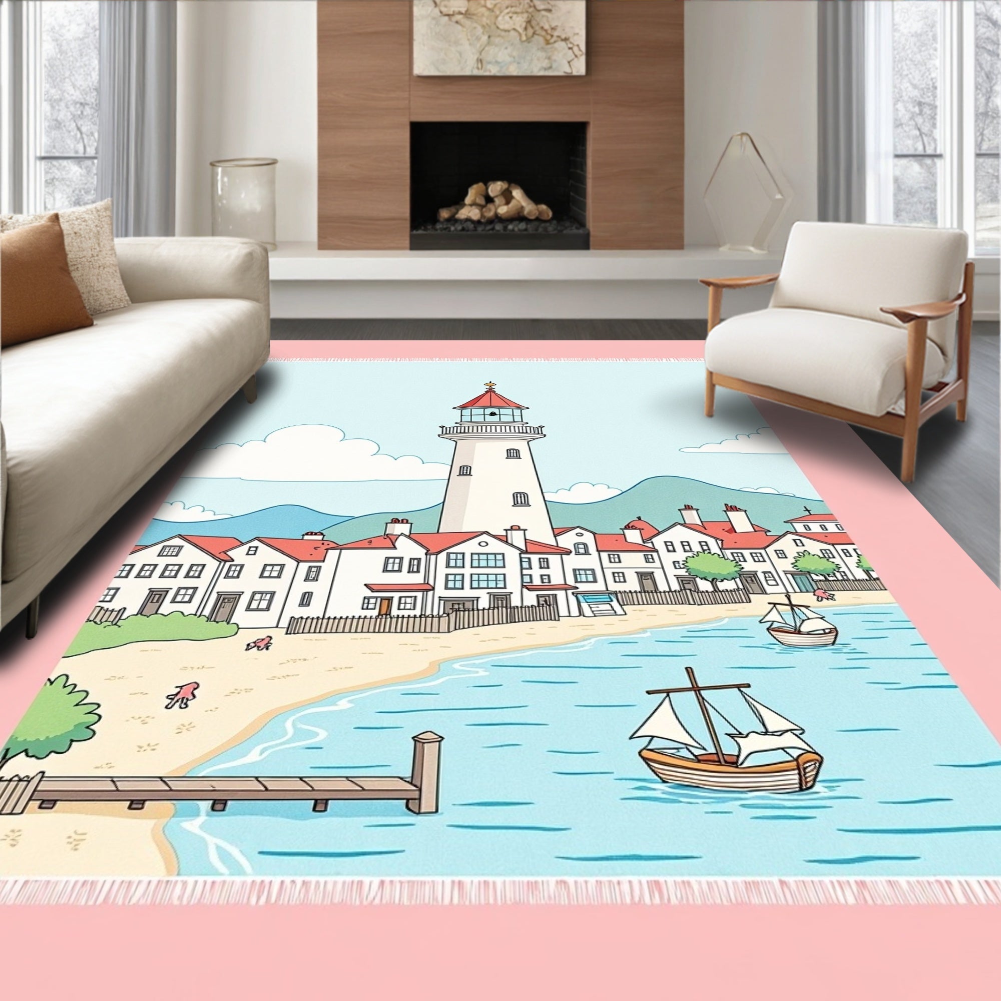 Coastal Town Lighthouse Scenic Seascape Rug