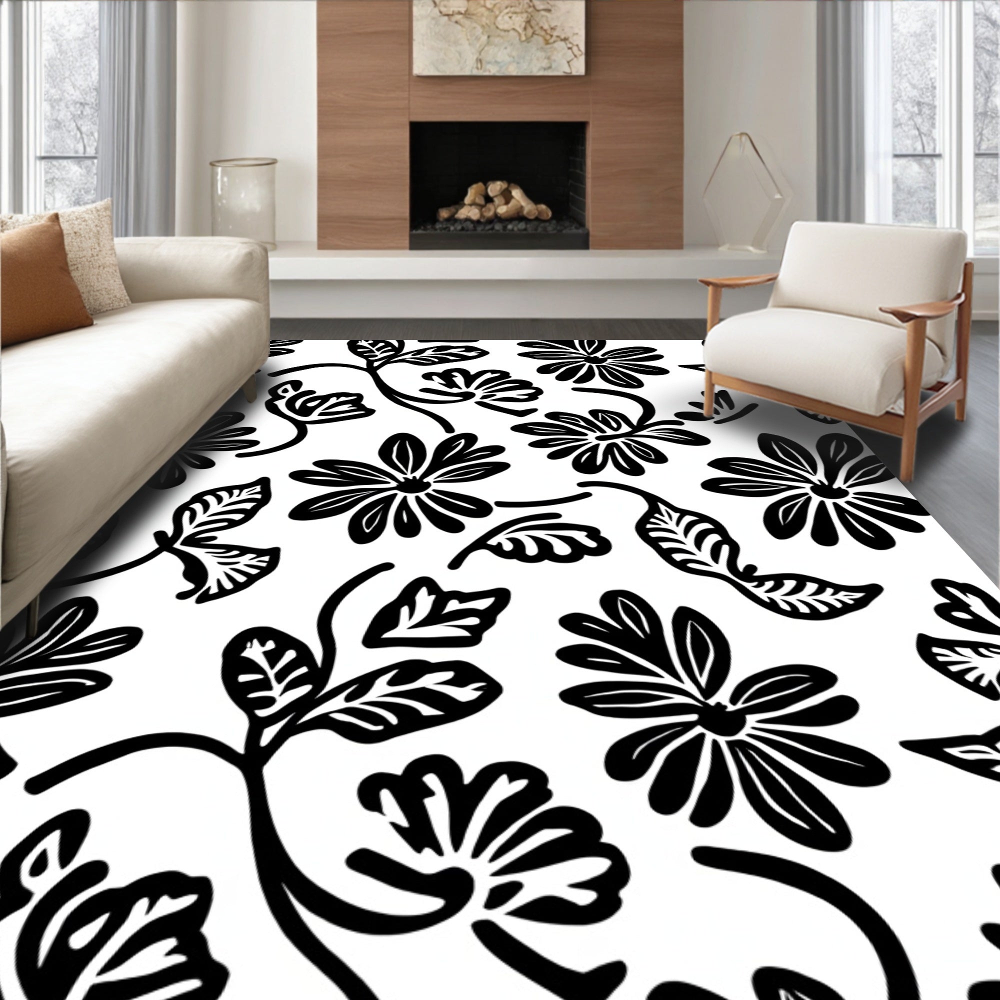Bold Black Floral Pattern Rug