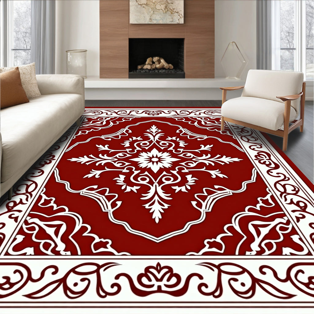 Rich Red Floral Damask Pattern Rug