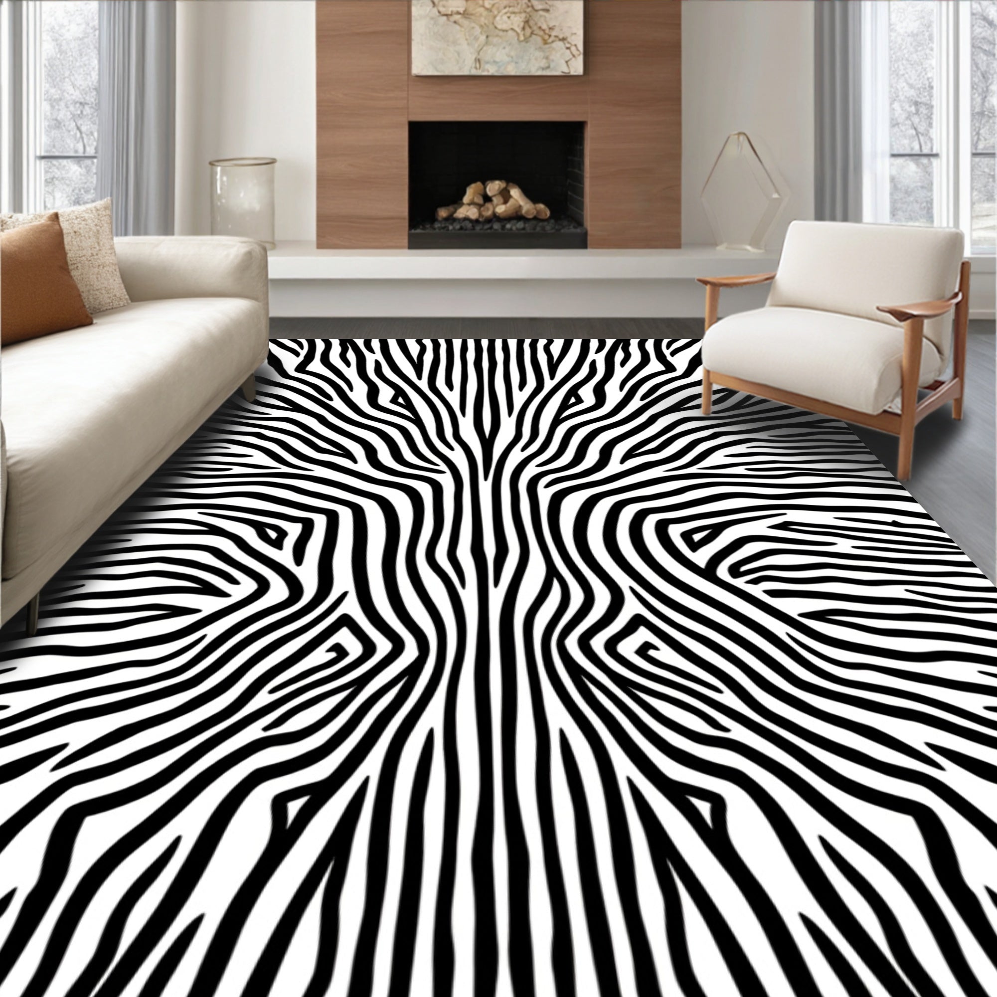 Bold Black and White Abstract Stripes Rug