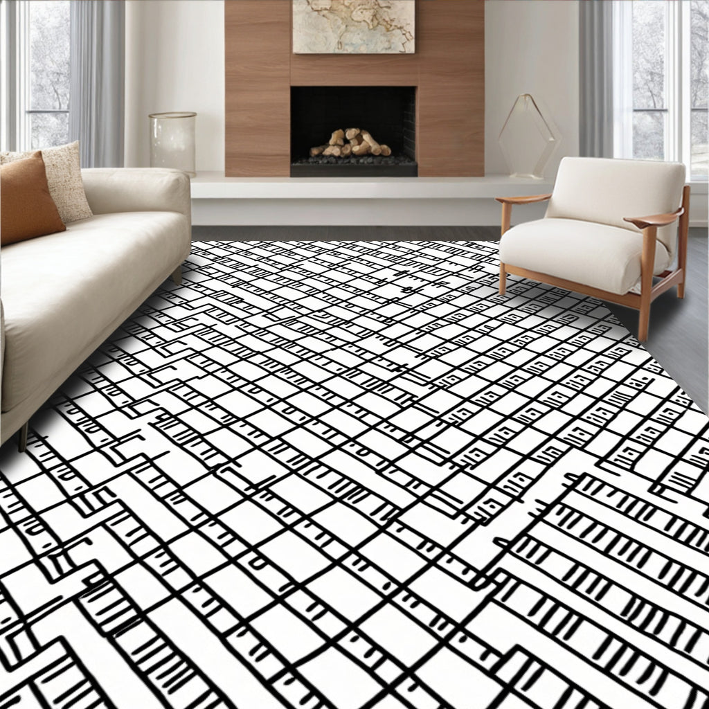 Interlocking Labyrinth Black and White Rug