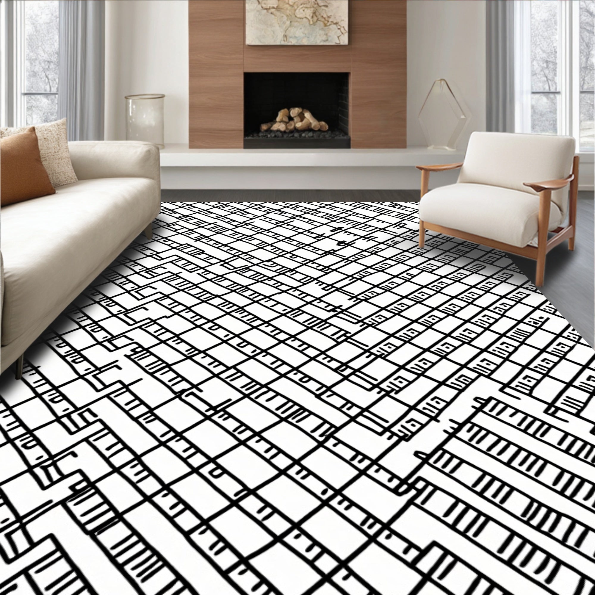 Interlocking Labyrinth Black and White Rug