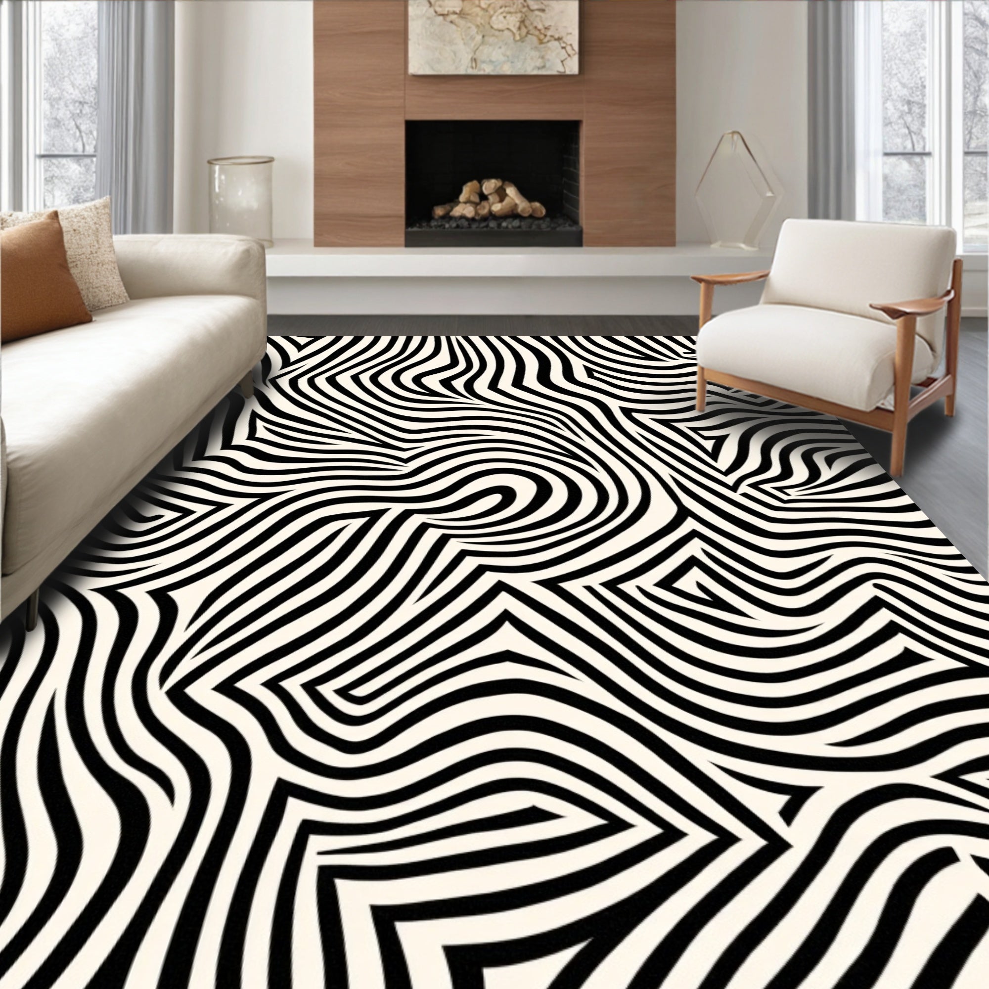 Abstract Black Cream Striped Pattern Rug