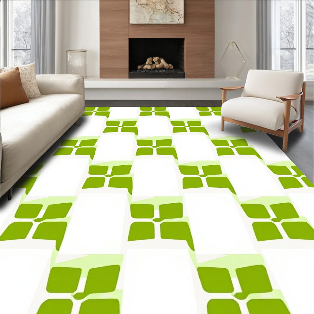 Geometric Checkerboard Green White Pattern Rug