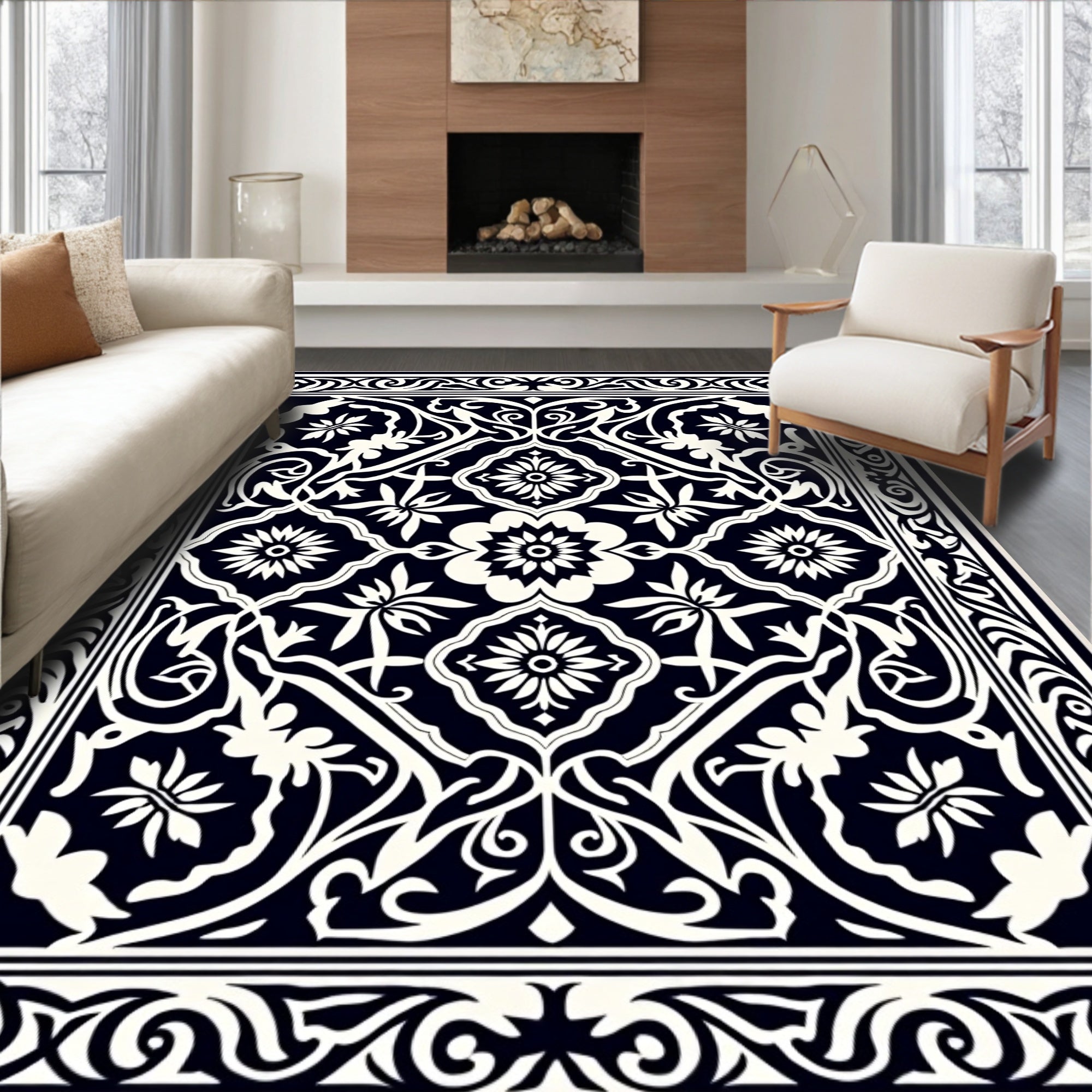 Classic Black White Floral Medallion Rug
