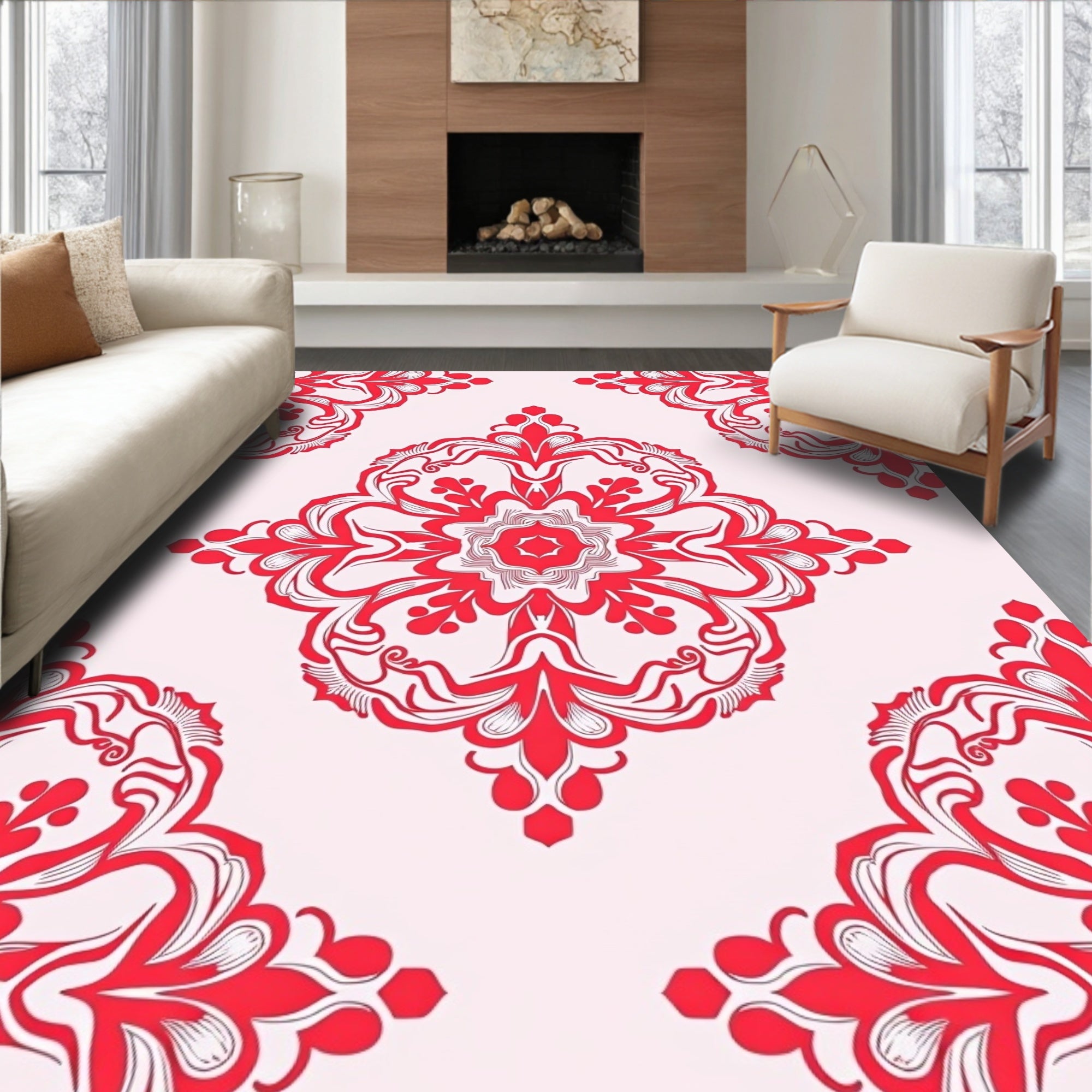 Red Floral Mandals Inspired Design Rug