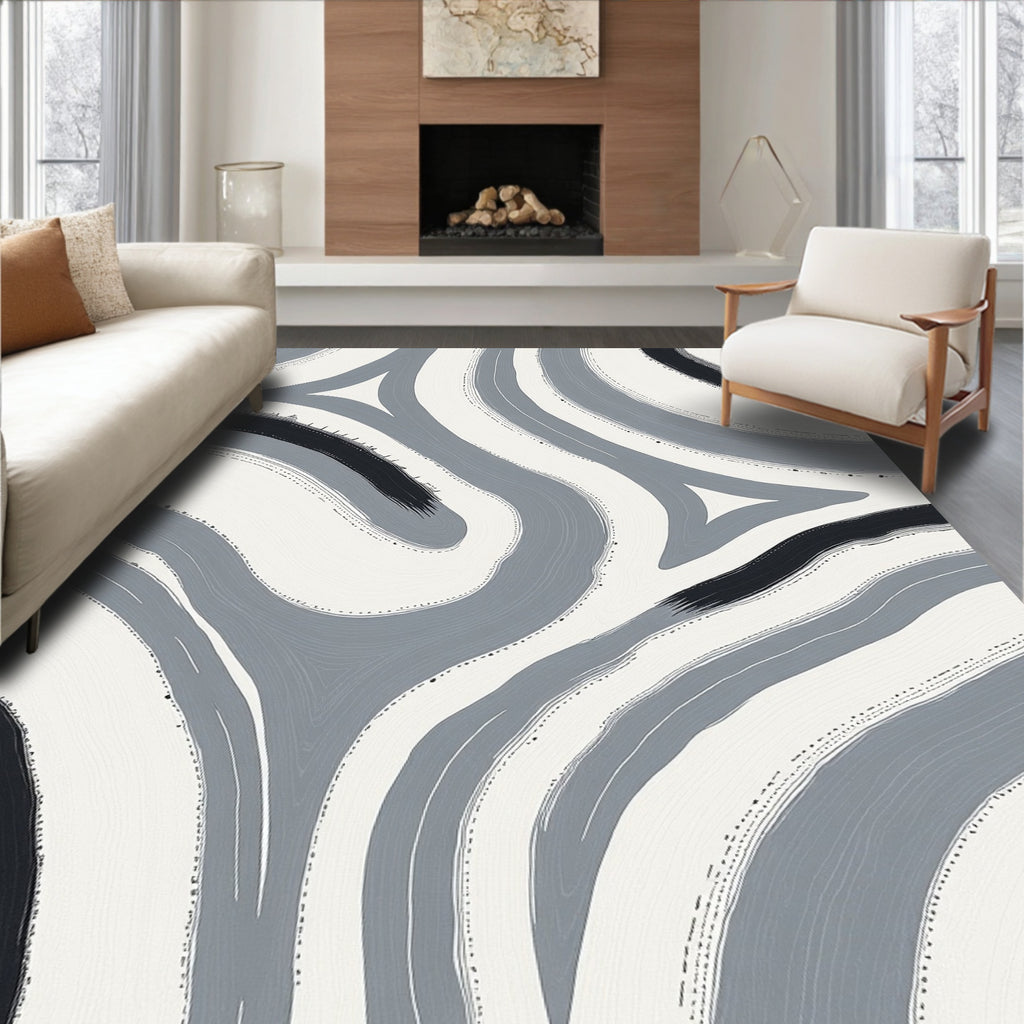 Abstract Gray Brushstroke Swirl Rug