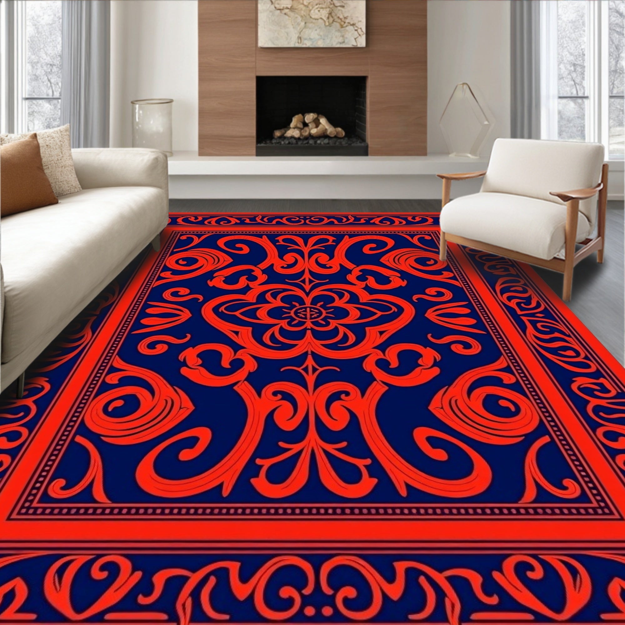Ornate Red Blue Floral Scroll Design Rug
