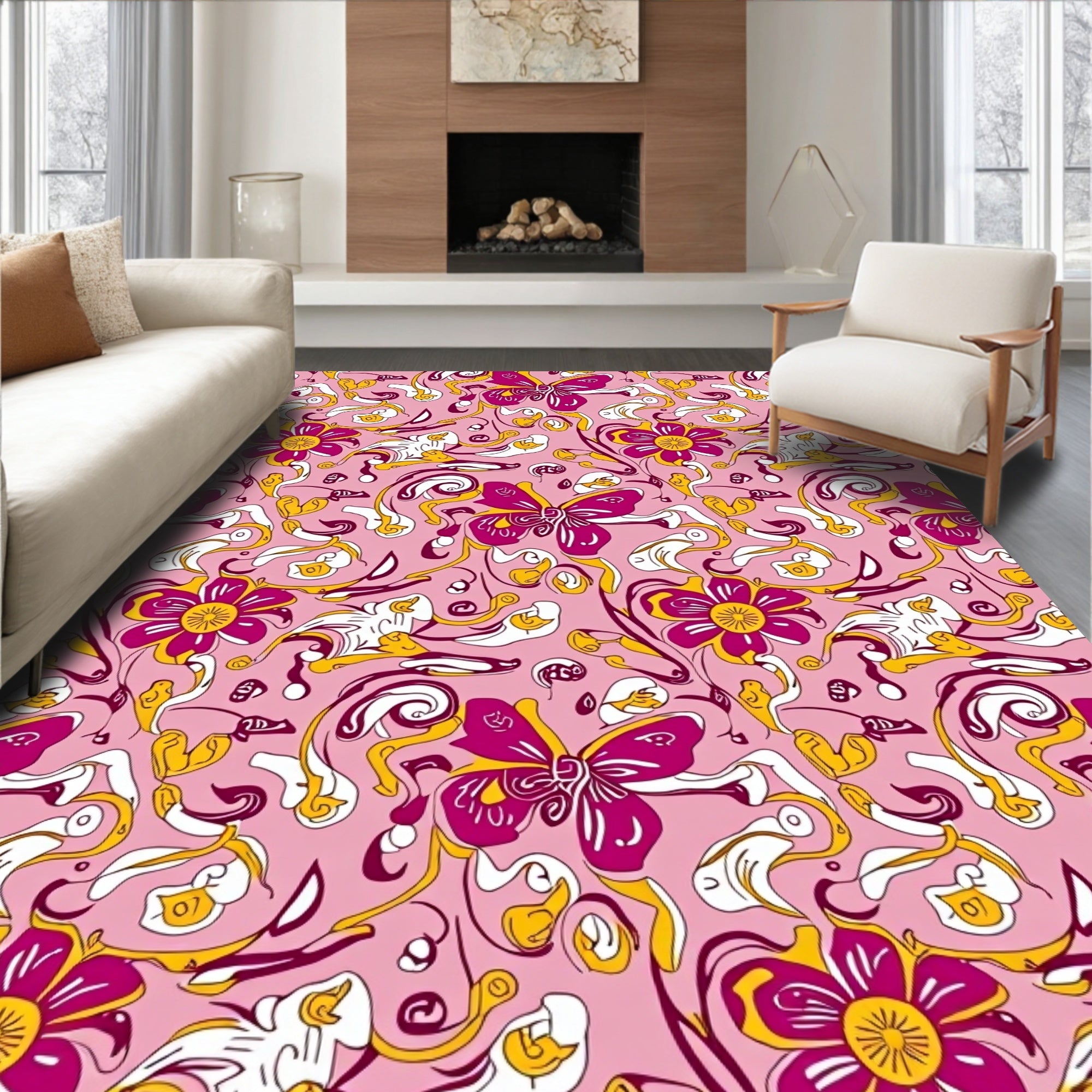 Pink Butterfly Floral Swirl Pattern Rug