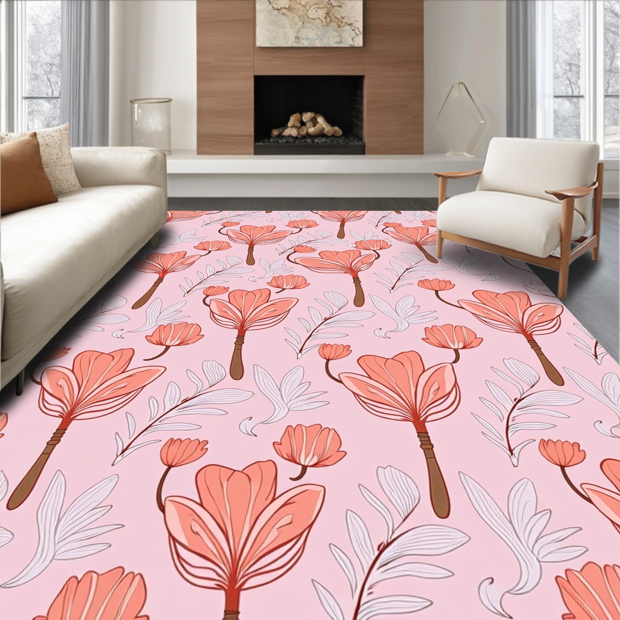 Coral Bloom Abstract Floral Pattern Rug