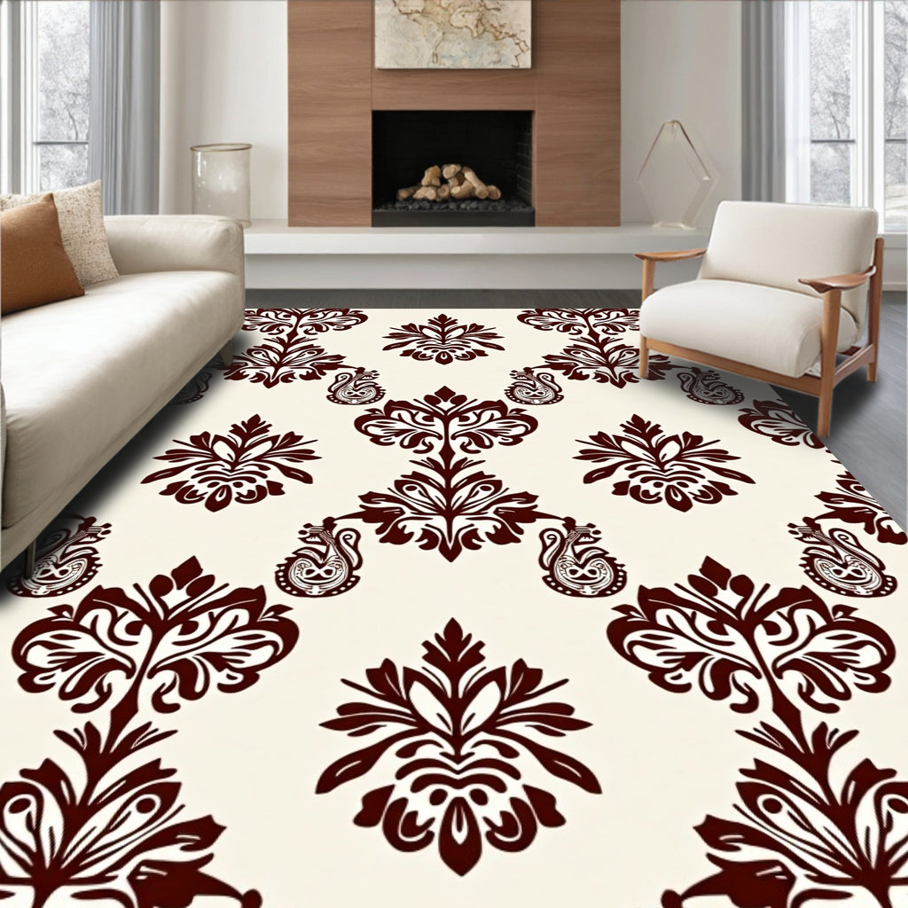 Dark Red Floral Damask Pattern Rug