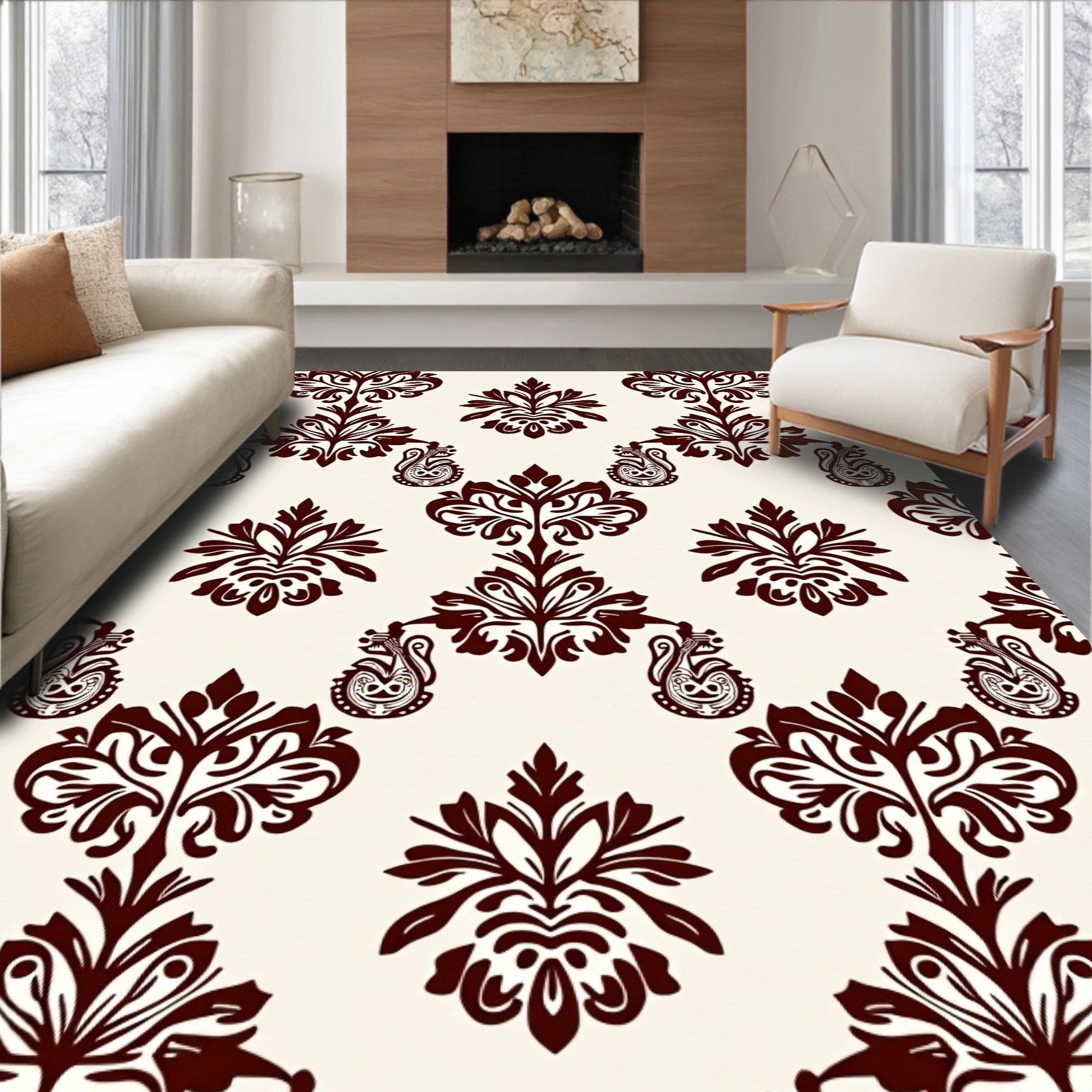 Dark Red Floral Damask Pattern Rug