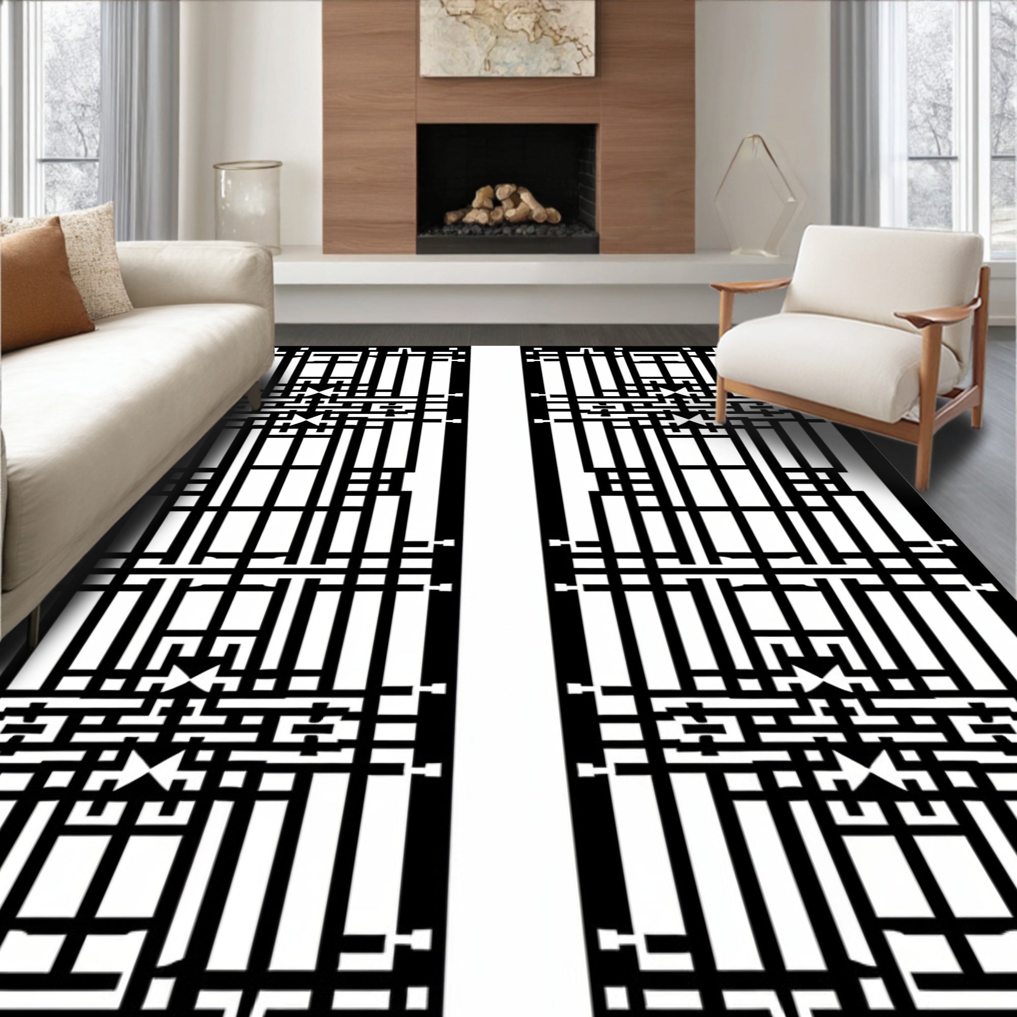 Black White Geometric Art Deco Rug