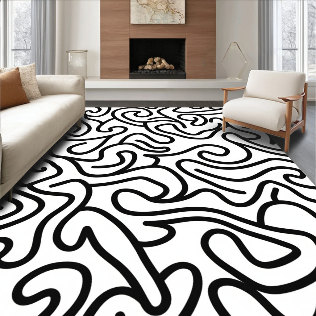 Abstract Black Swirl Pattern Rug