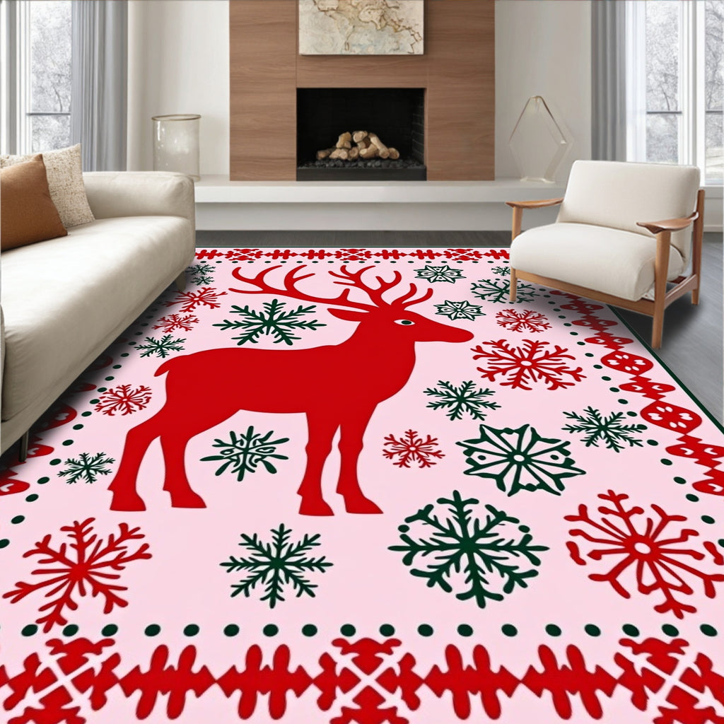 Crimson Deer Snowflakes Pink Rug