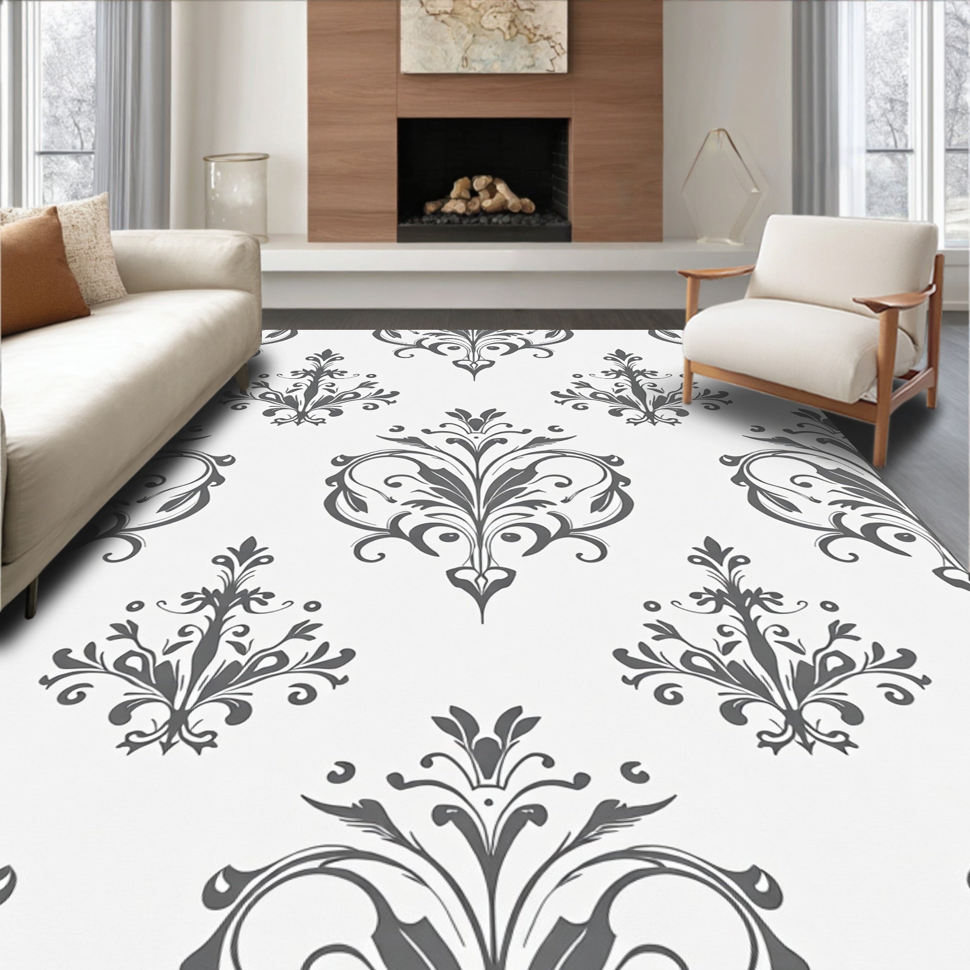 Gray Floral Symmetry Pattern Rug