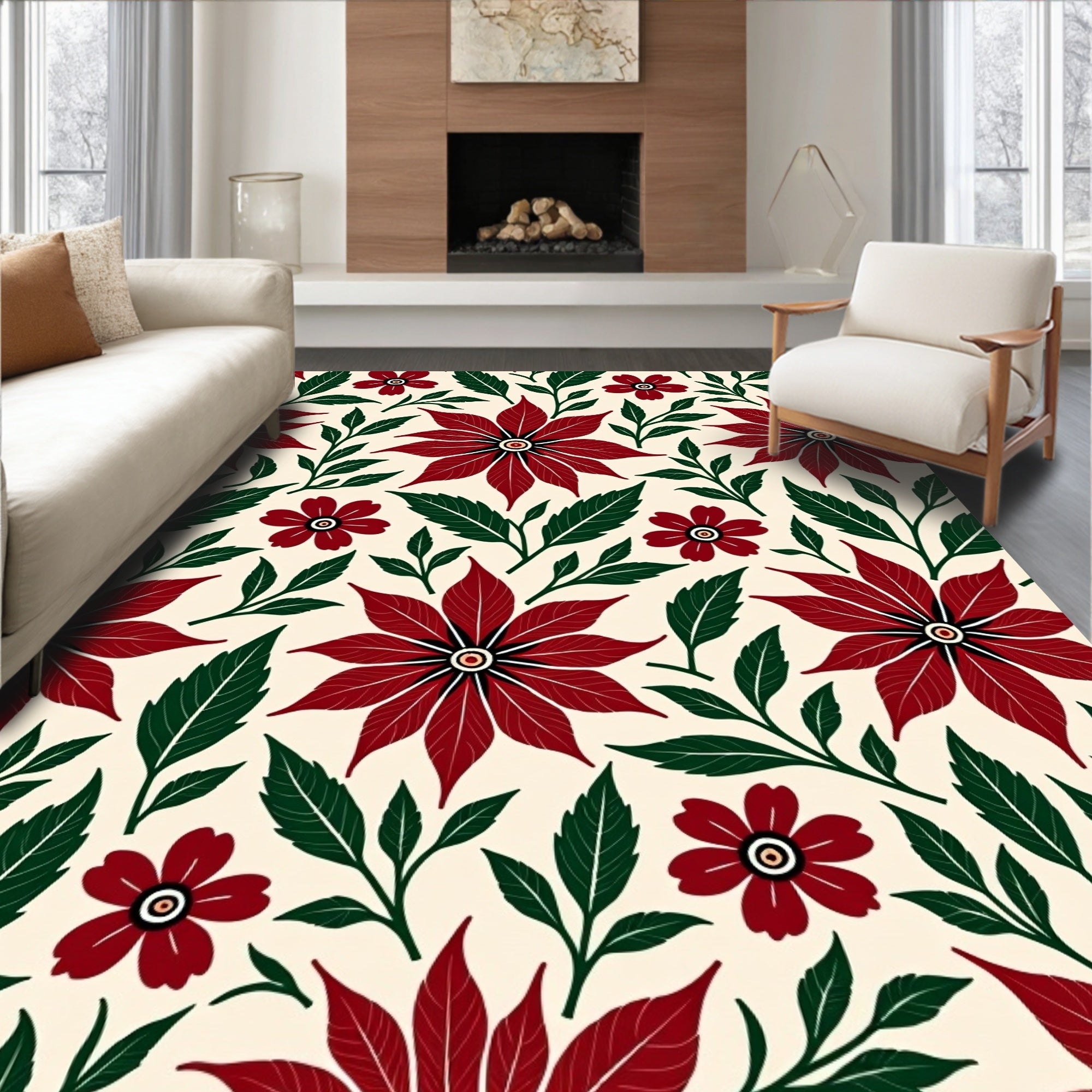 Crimson Floral With Green Foliage Rug