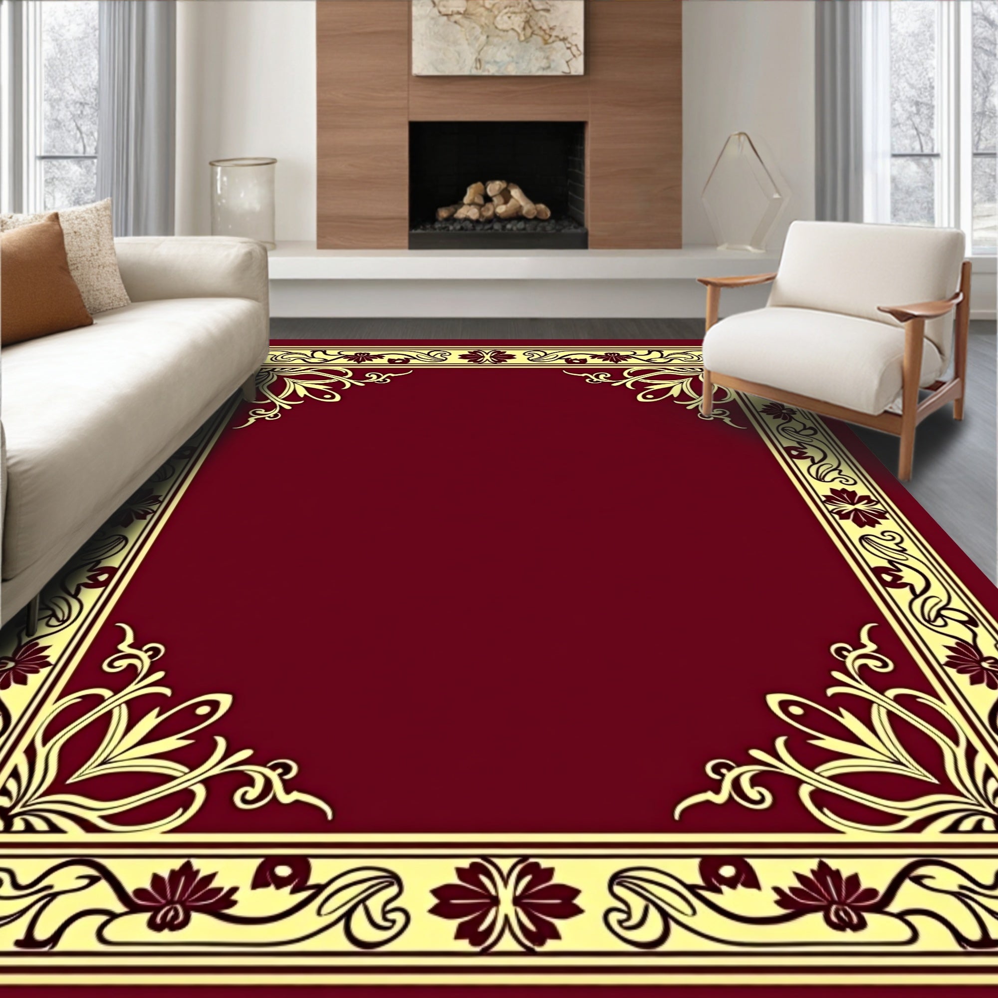 Ornate Flourish Floral Border Design Rug
