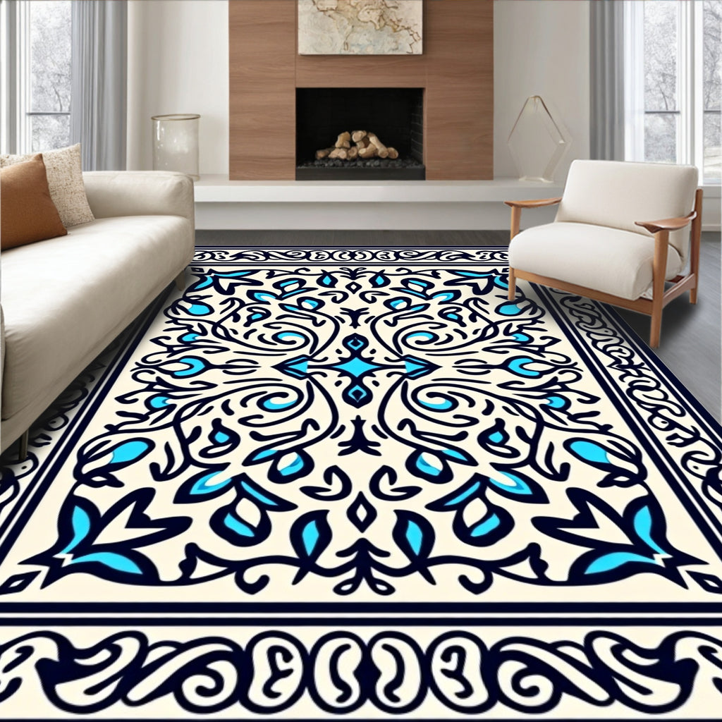 Ornate Blue Cream Floral Pattern Rug