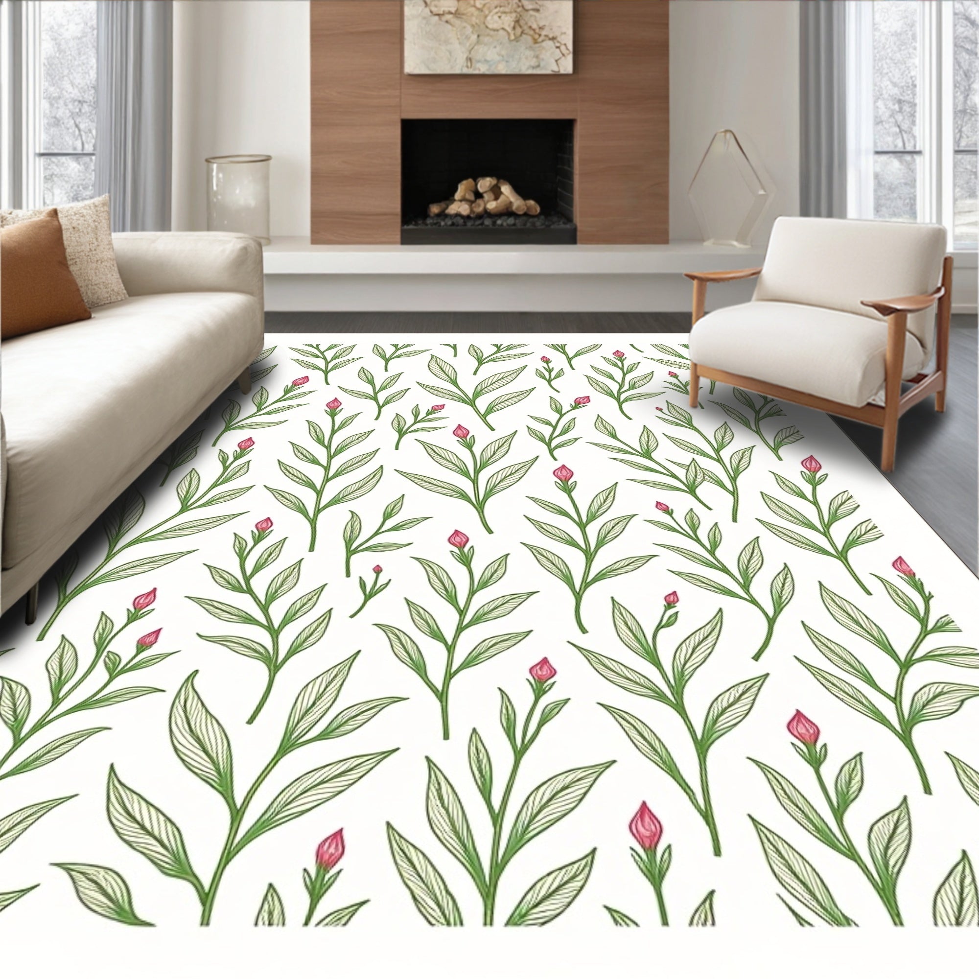 Delicate Green Leaf Pink Bud Pattern Rug