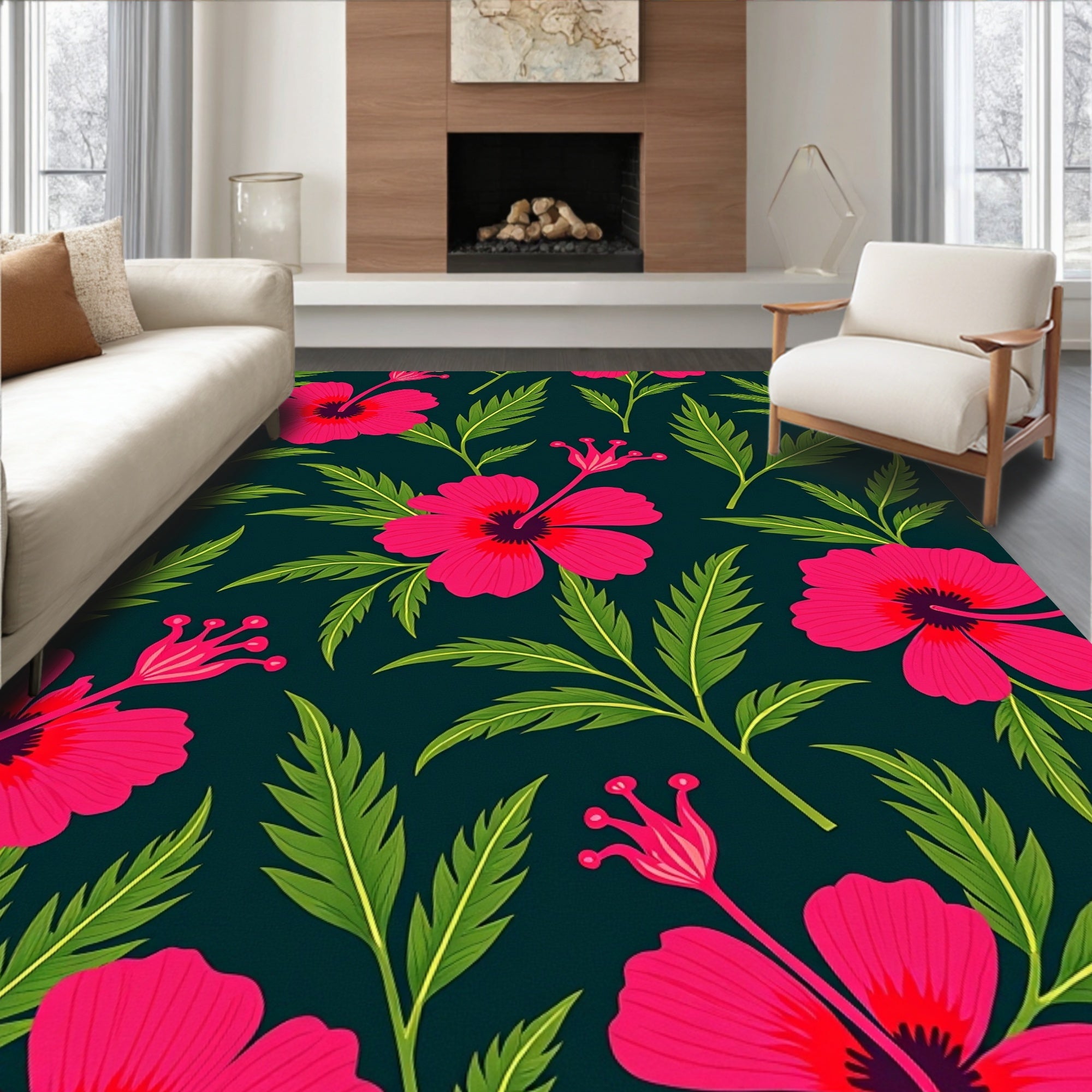 Vibrant Tropical Hibiscus Floral Pattern Rug