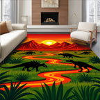 Dinosaurs in a Lava River Landscape Rug
