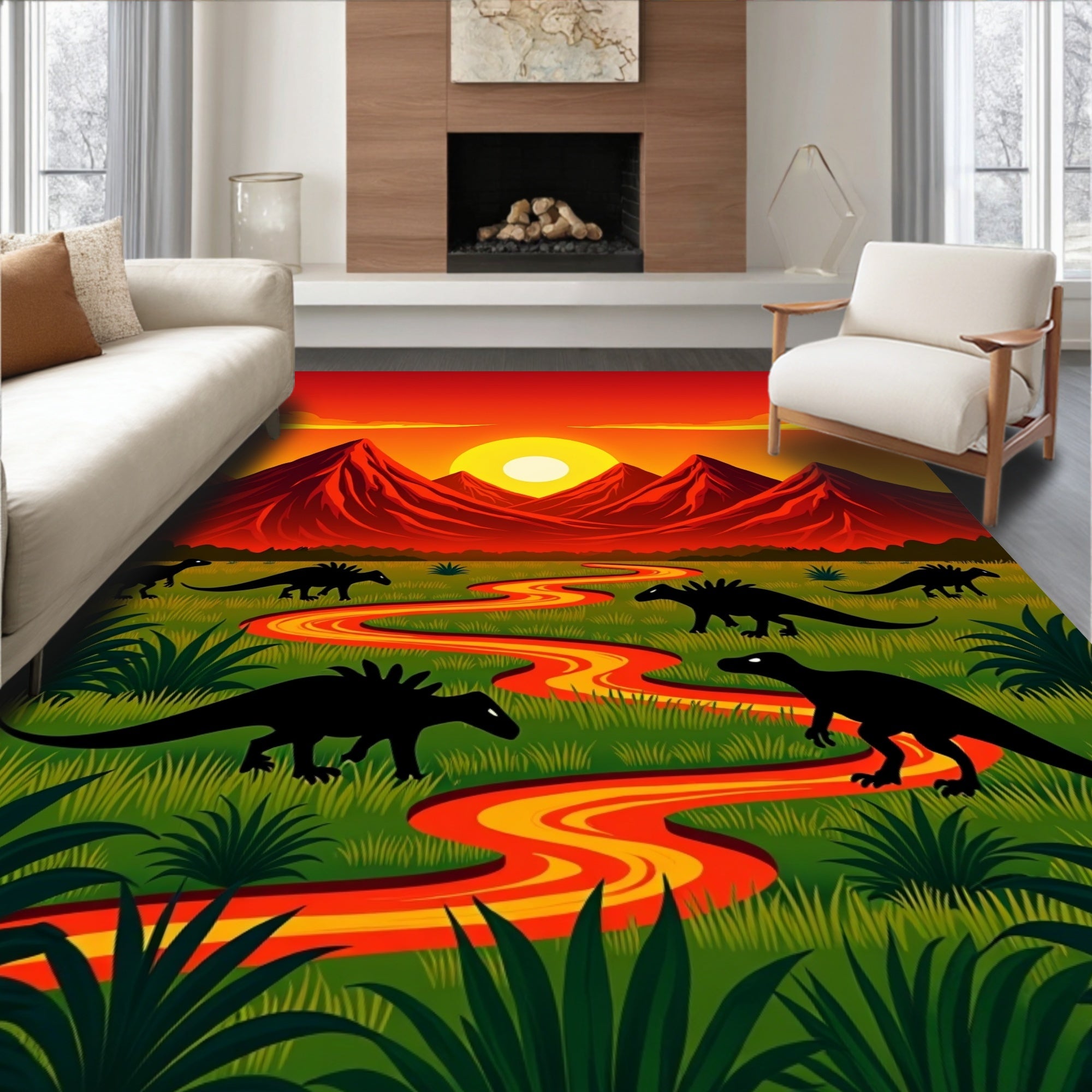 Dinosaurs in a Lava River Landscape Rug
