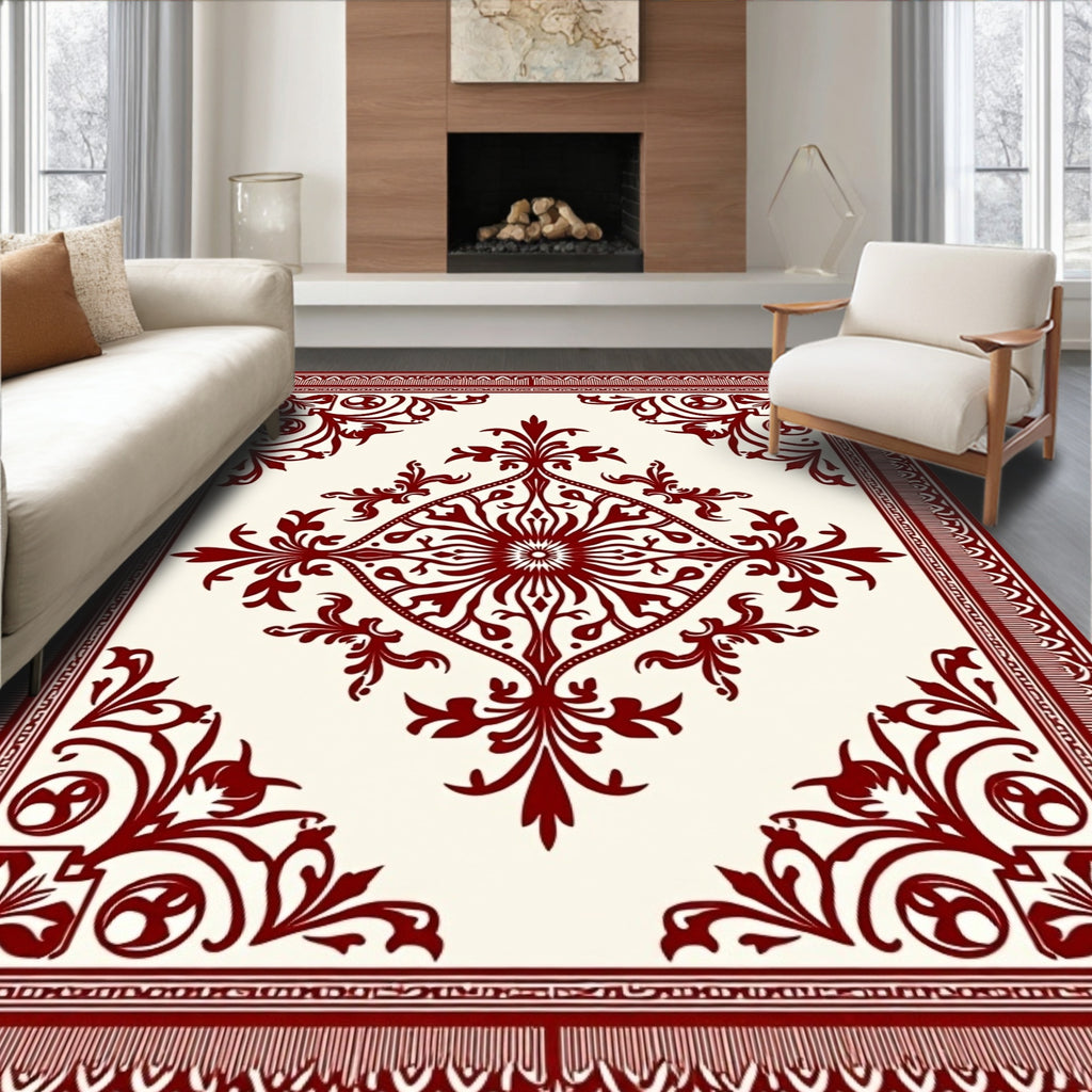 Deep Red Vintage Floral Border Rug