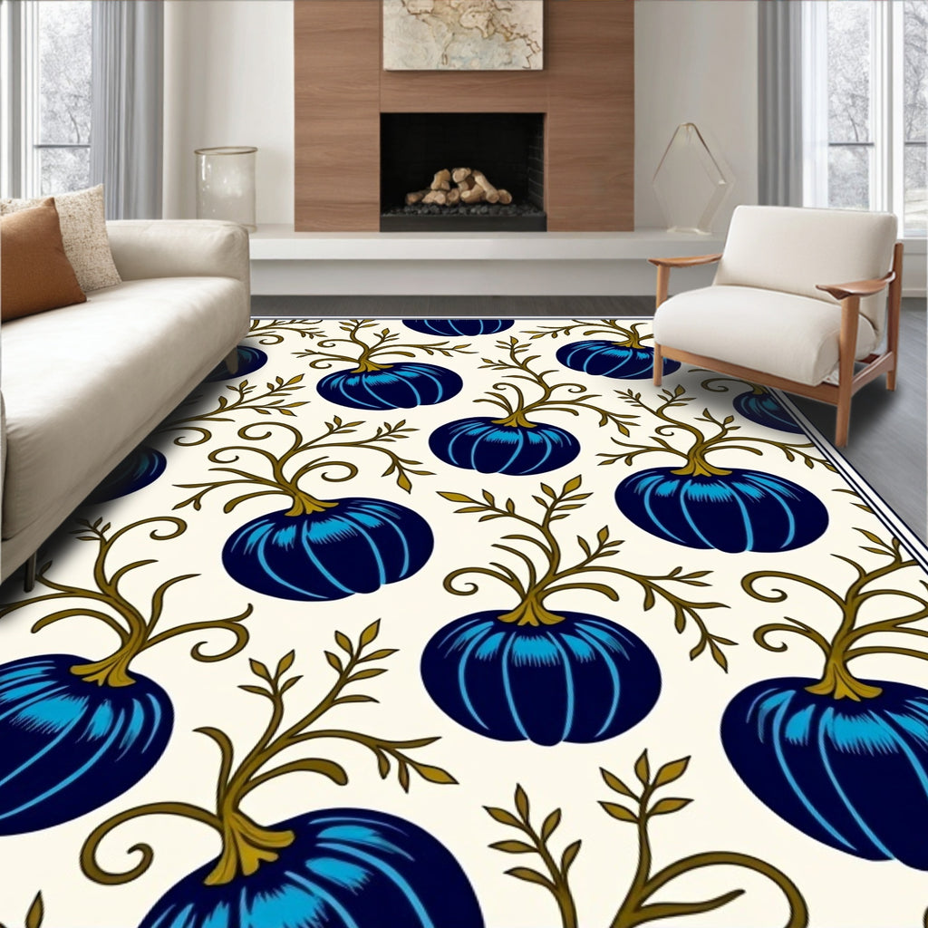 Deep Blue Pumpkin Vine Pattern Rug