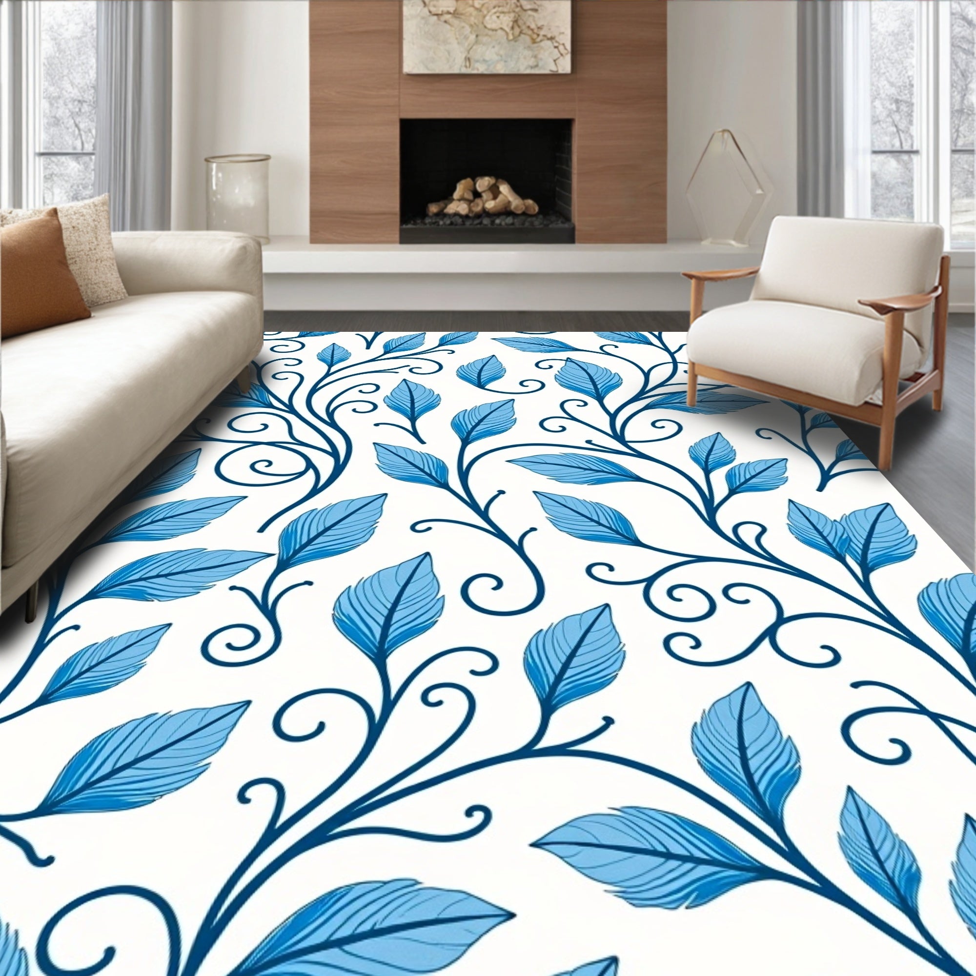 Blue Leafy Vine Pattern Rug