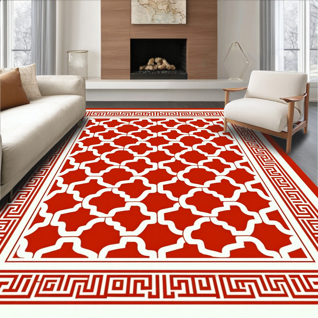 Bold Red White Geometric Pattern Rug