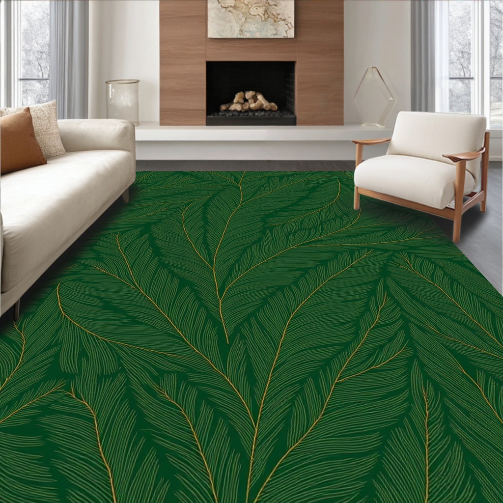 Deep Forest Green Feathered Leaf Rug