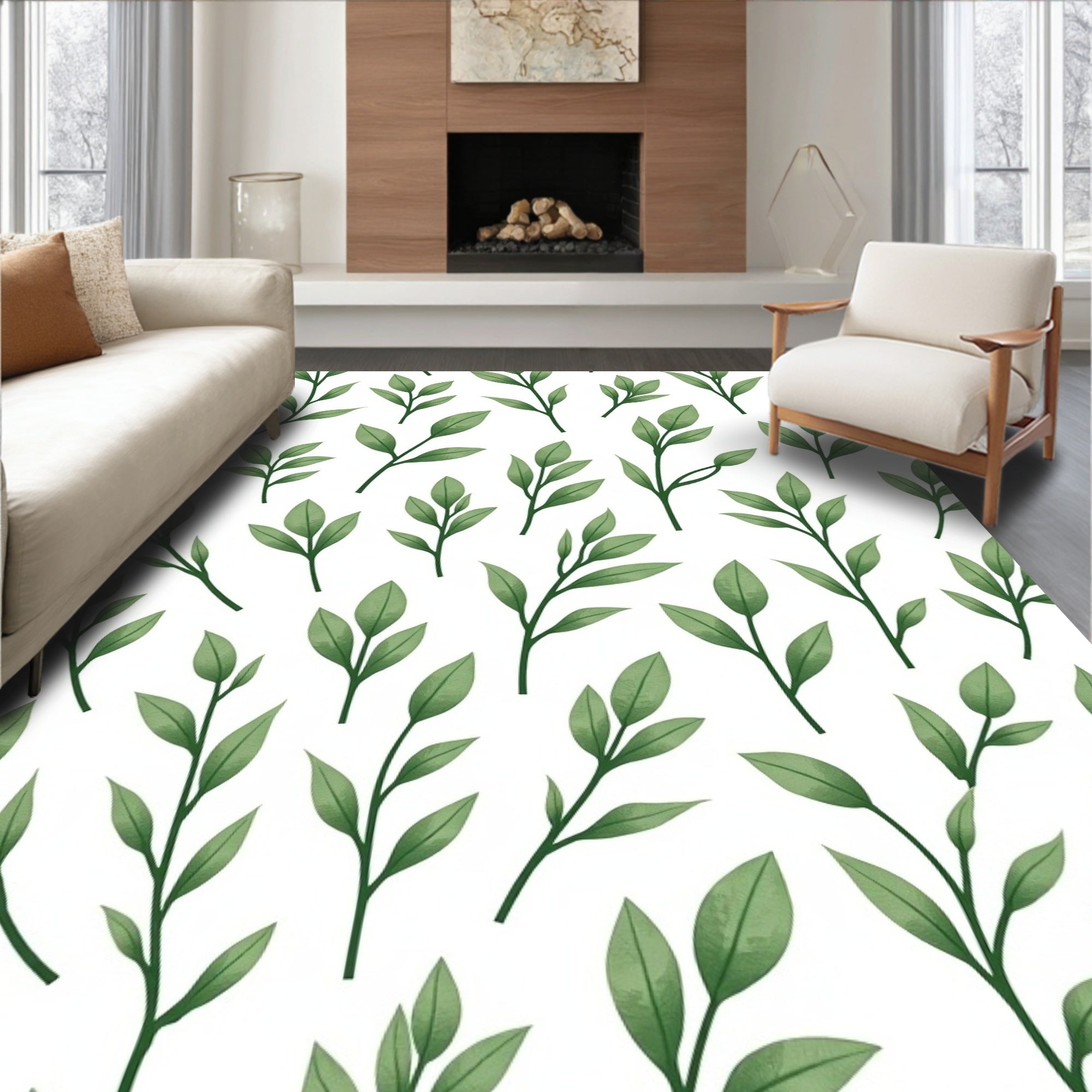 Green Leaf Branch Pattern Design Rug