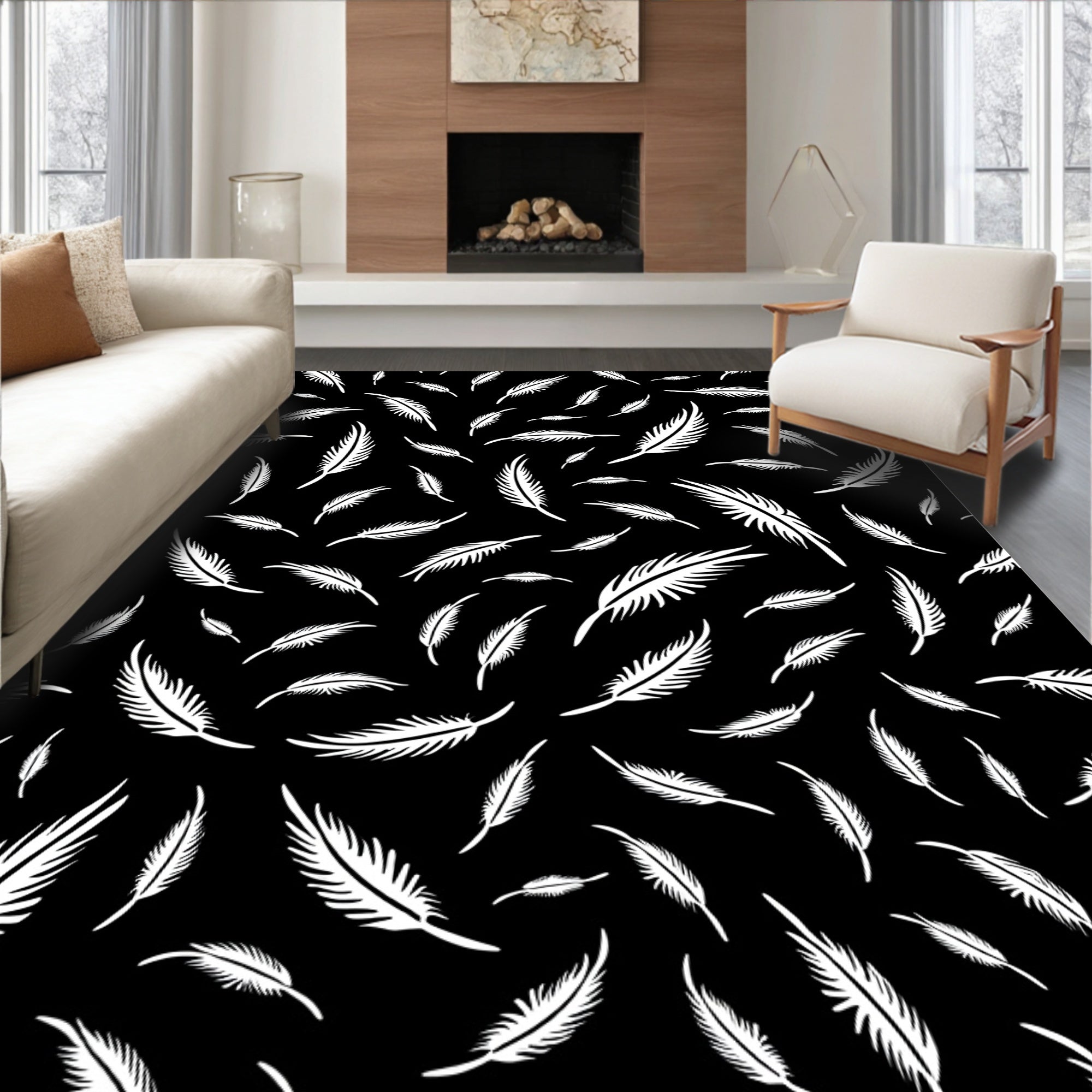 Black And White Feather Pattern Rug