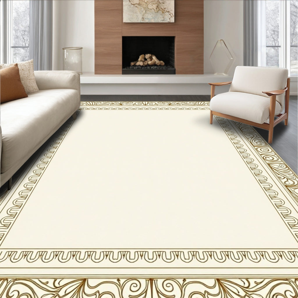 Ornate Golden Leaf Scroll Border Rug
