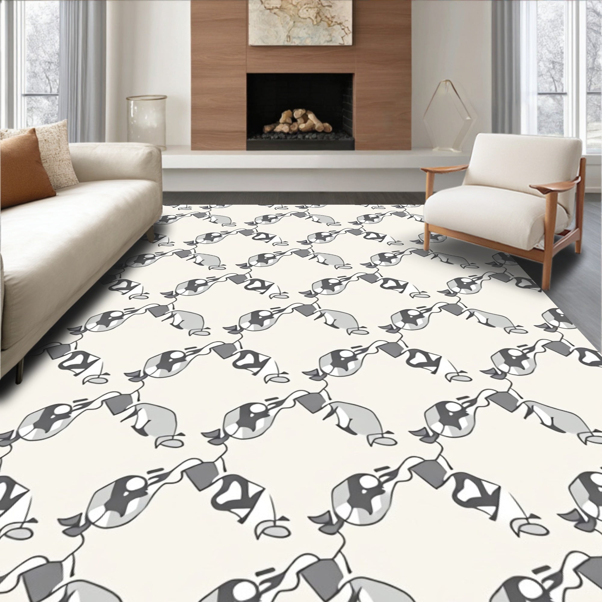 Modern Black Gray Abstract Figure Pattern Rug