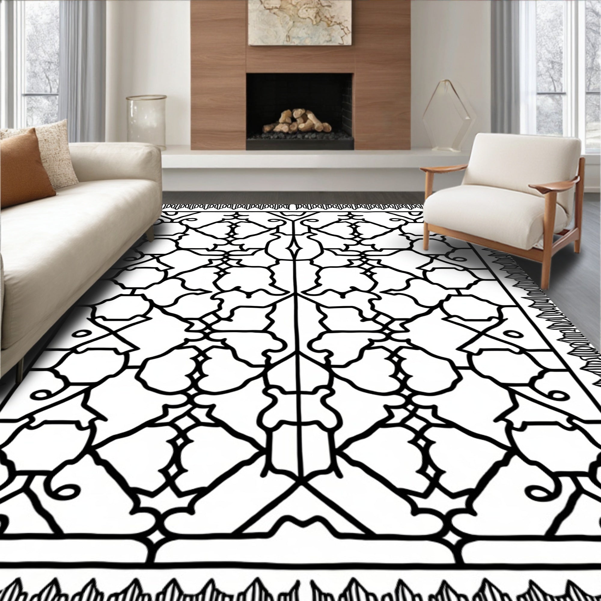 Intricate Black Lattice Ornamental Design Rug