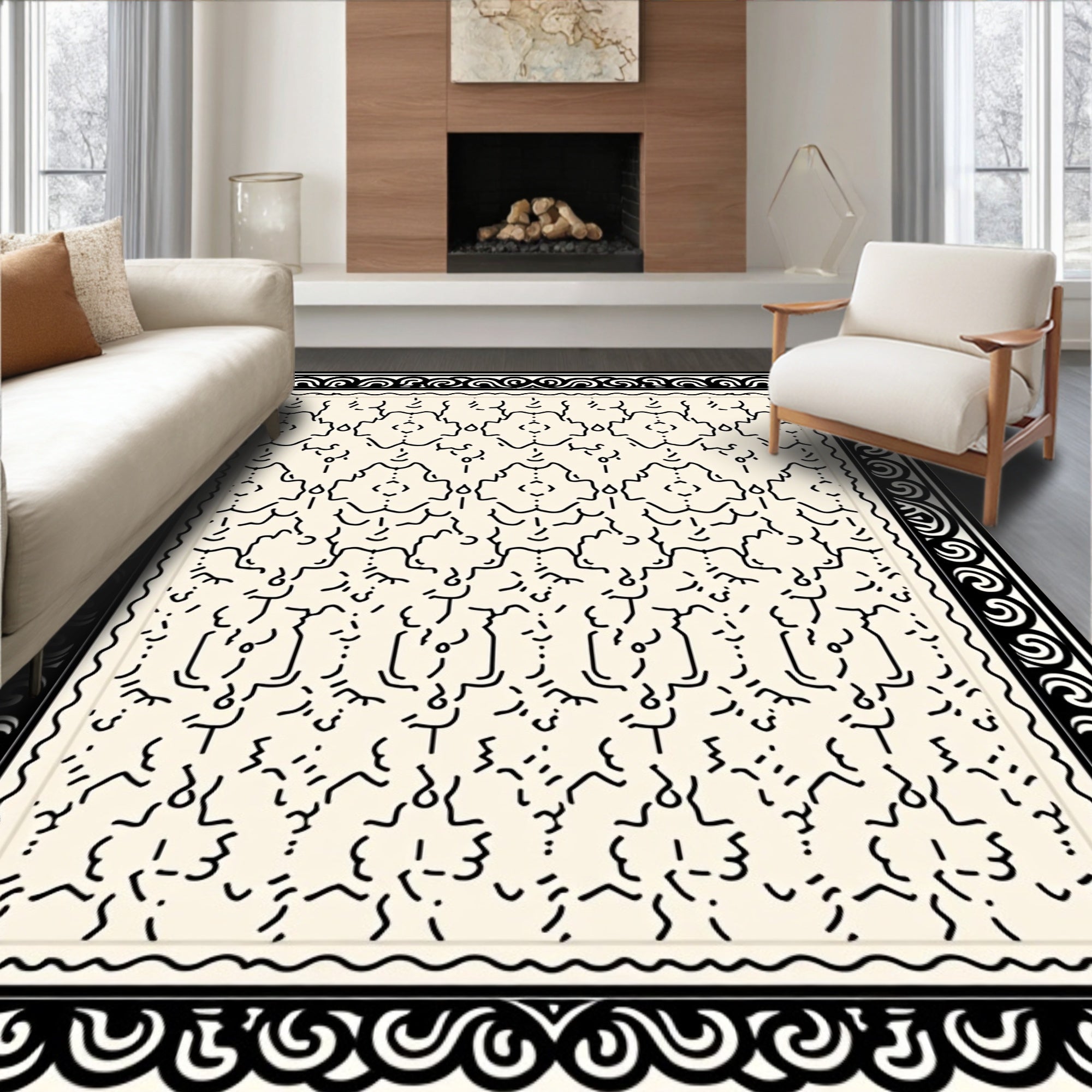 Cream Black Abstract Linework Geometric Rug