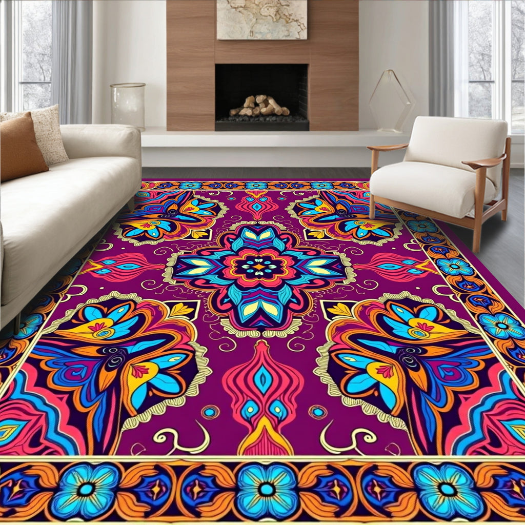 Vibrant Symmetrical Floral Mandala Pattern Rug